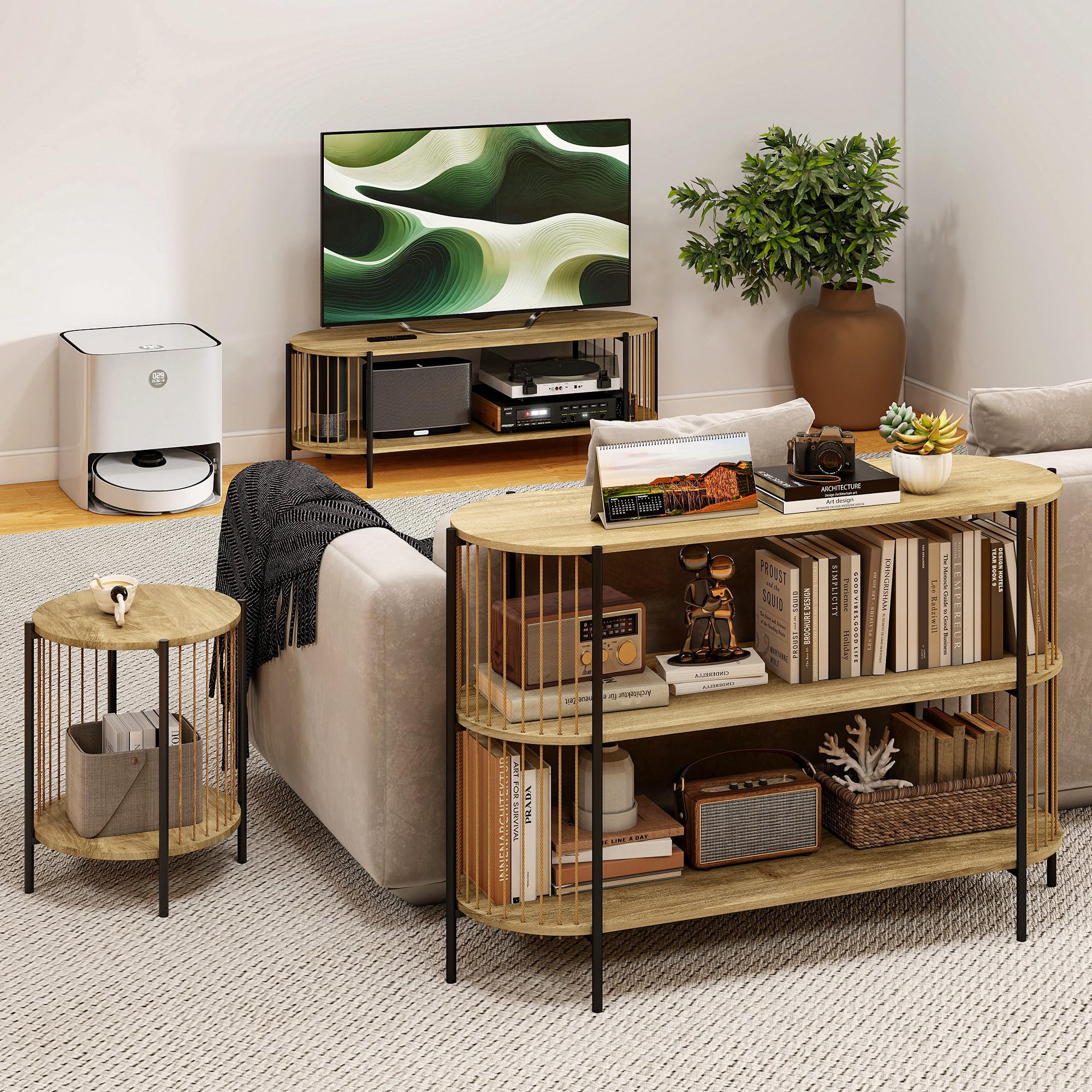HOMCOM Mesa de Consola Consola Recibidor 124x43,5x80 cm Natural | Cuerda de Papel Trenzada a Mano, 3 Niveles, Marco de Acero, Estilo Bohemio, para Entrada Sala de Estar