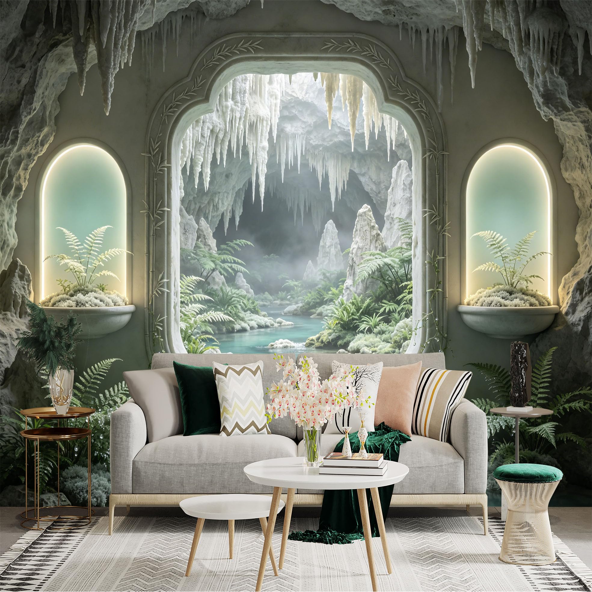 Custom Size Wall Sticker Mural， Fantasy Cave with Crystal River and Lush Green Ferns， for wall Decoration， peelandstick wall Decals.