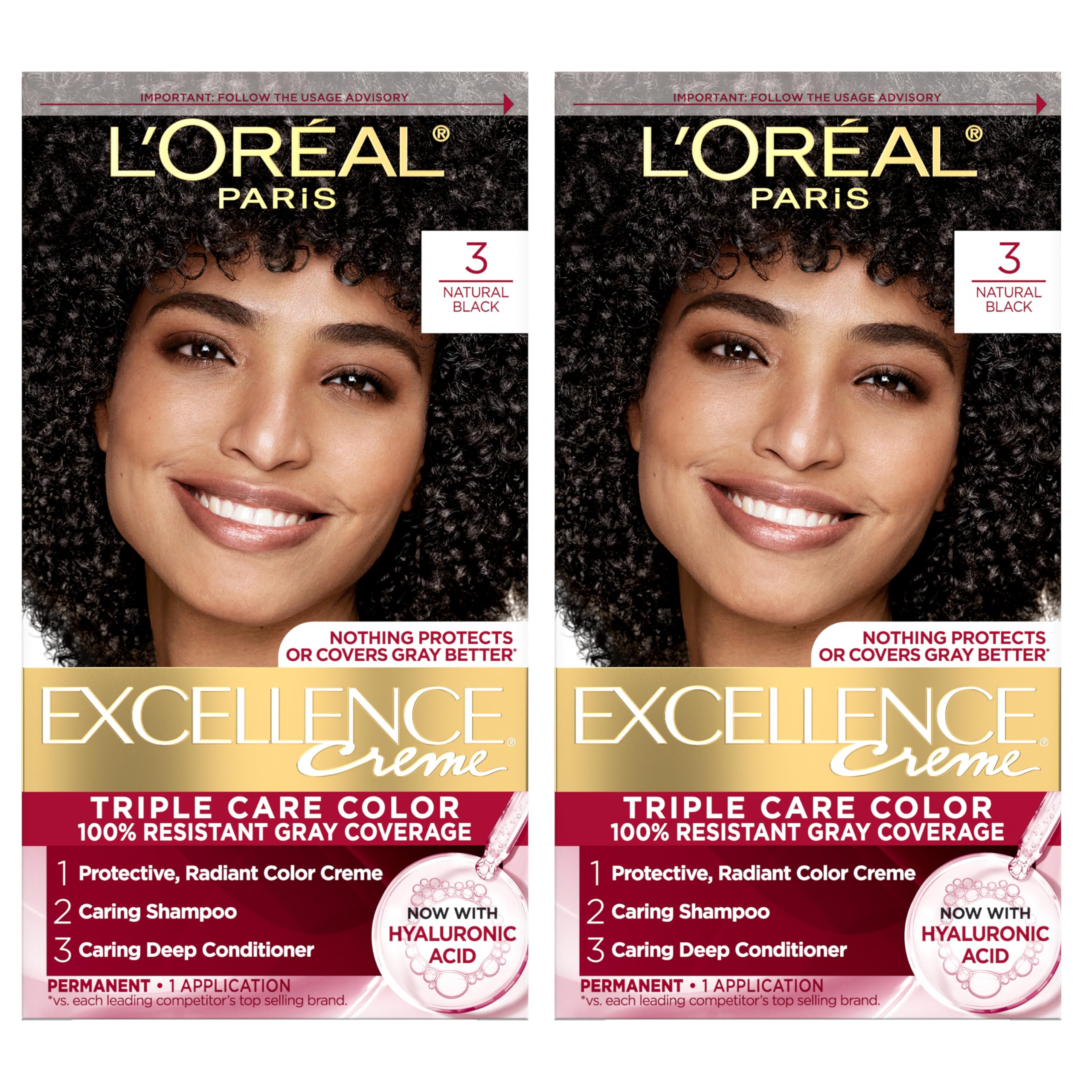 L'Oreal Paris Excellence Crème Permanent Hair Dye, Triple Care Hair Color with Hyaluronic Acid for 100% Gray Coverage, 3 Natural Black, 1 Kit (Pack of 2) (Packaging May Vary)