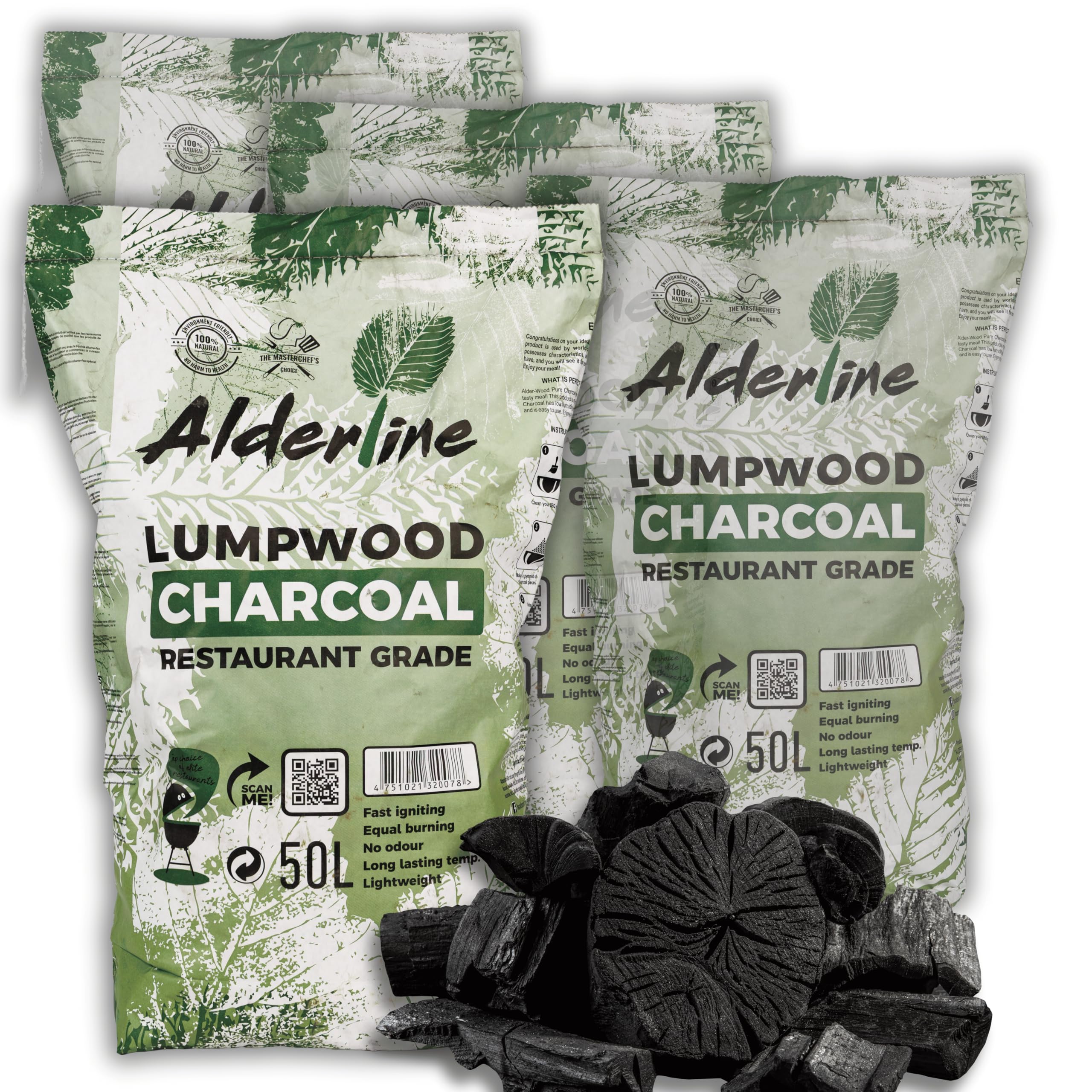Alderline Lumpwood Charcoal BBQ - Smokeless & Flavor-Enhancing, Quick-Light, Sustainable, Grills & Cooking Styles - 5-20cm Pieces 50L Bag - Restaurant Grade Charcoal (200L)