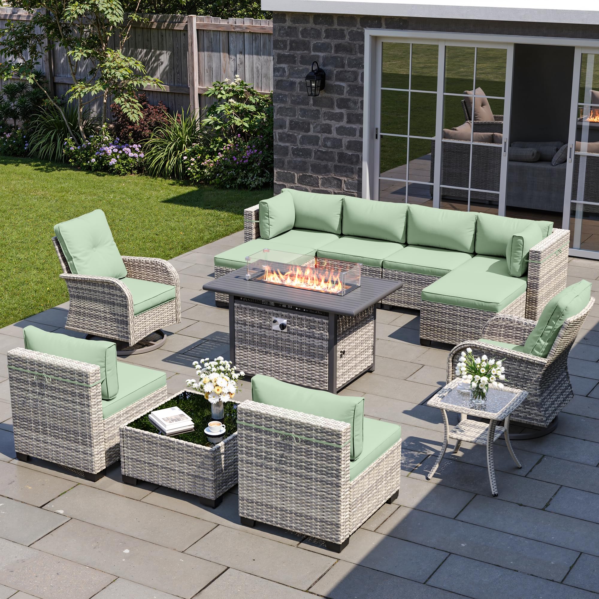 13-Piece Patio Furniture Set, Outdoor Patio Furniture with Swivel Chairs Set, Ottomans, 55,000 BTU Fire Pit Table, Modular Patio Sofa, Dual-Strand Rattan, Rust-Resistant Frame, Light Green