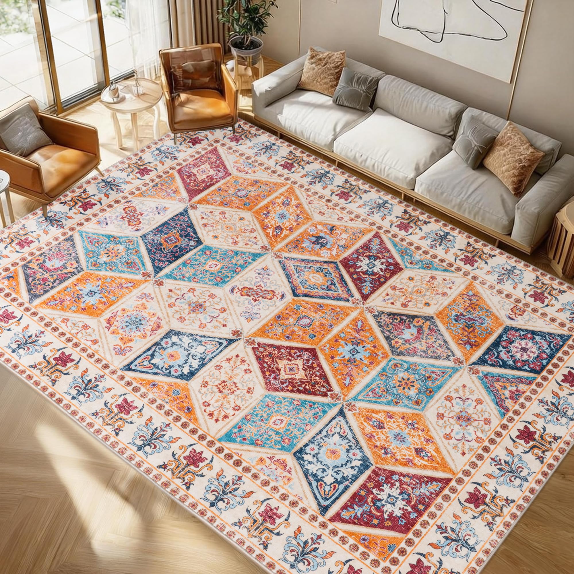 Calinline Vintage Area Rugs for Bedroom, 120x160 cm Retro Diamond Carpets for Living Room, Machine Washable Rug, Non Slip Low Pile Rug for Kitchen, Dining Room, Hallway, Office, Colour