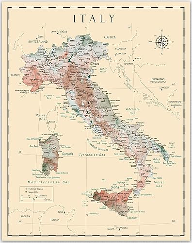 Arte de pared vintage de mapa de Italia, póster temático de pintura de Italia para decoración del hogar y la oficina (12 x 16)