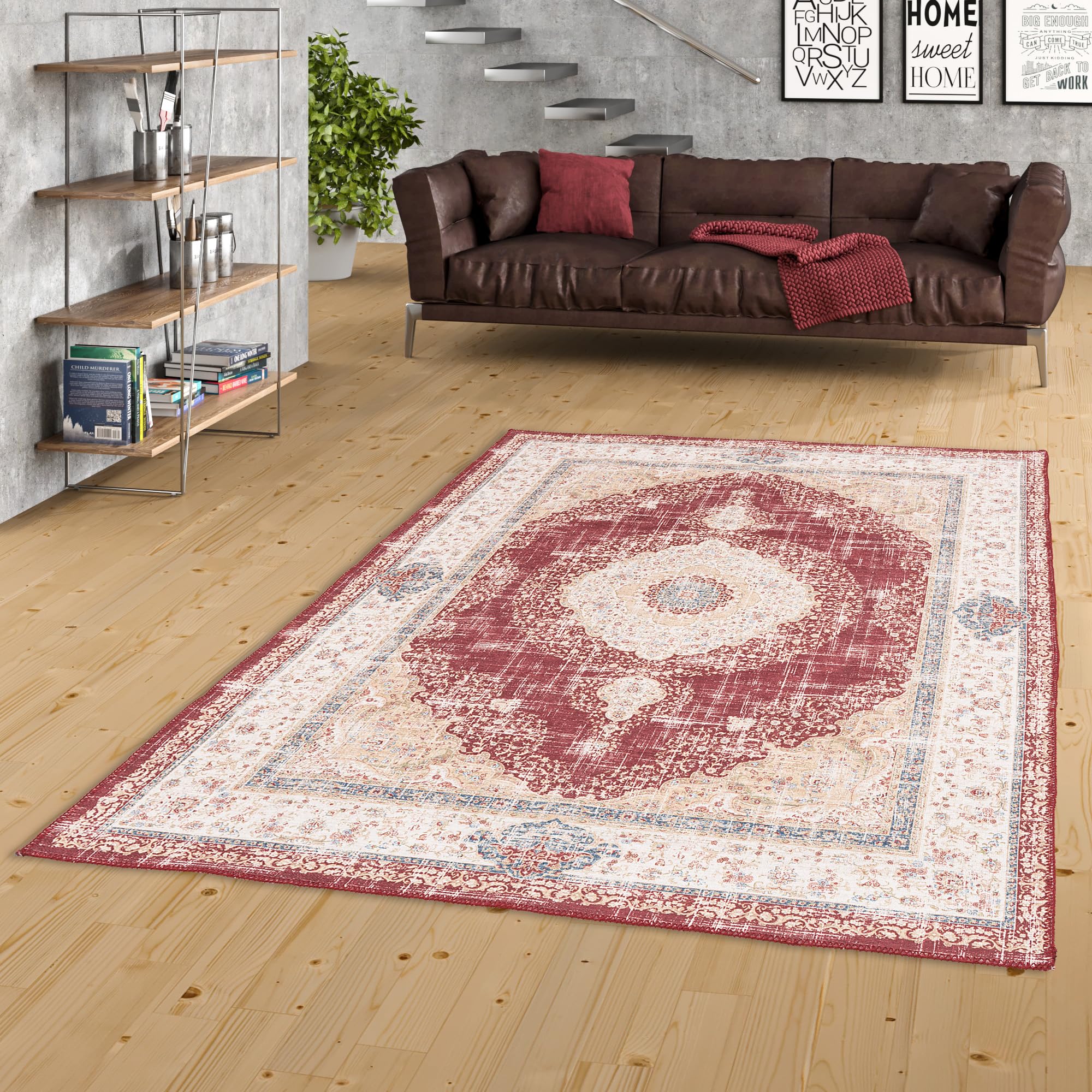 Pergamon Vintage Designerteppich Flachgewebe, Pflegeleicht, Used-Look, Teppich Finesse Orient Rot Medaillon in 5 Größen