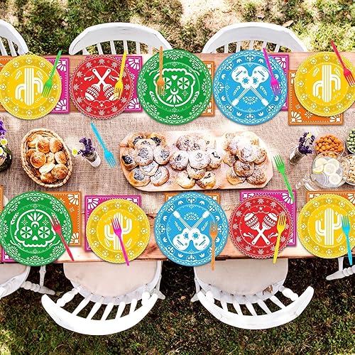 Miniatura 5 de 96 piezas de vajilla de fiesta mexicana Cinco de Mayo suministros de fiesta para 24 invitados, platos de papel picado mexicano, servilletas para