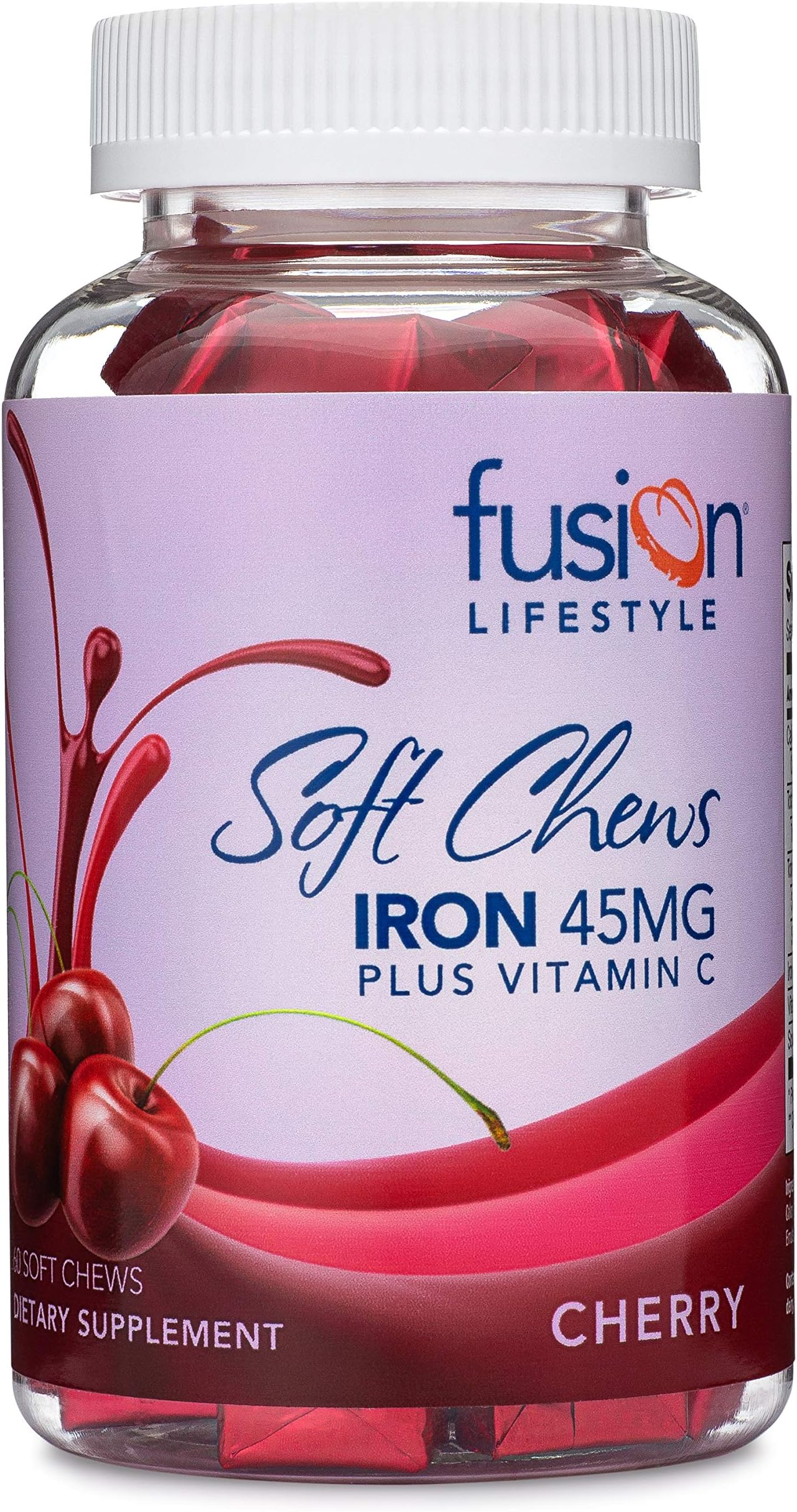 Fusion Lifestyle Iron Supplement for Women and Men Cherry Flavored Iron Soft Chew Plus Vitamin C for Iron Deficiency and Anemia, 6 Month Supply, 180 Count