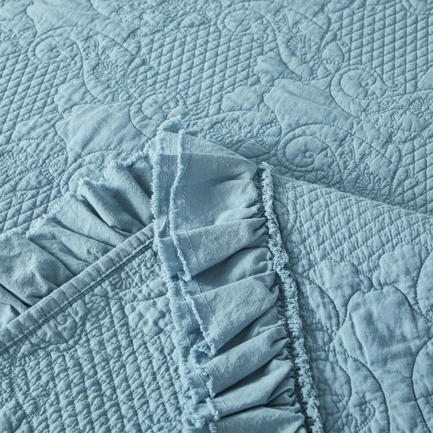 Brandream Queen Size Quilt Set Cotton Blue Quilts Shabby Chic Bedding Paisley Matelasse Coverlet Set Ruffle Bedspreads 3-Piece - Image 8