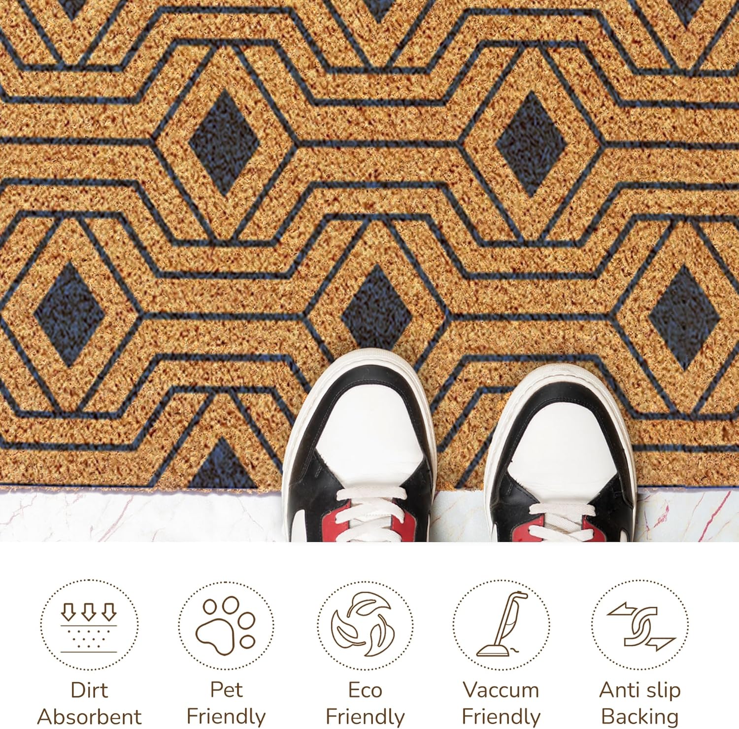 Welcome Doormats, Natural Coco Coir Mats with Non-Slip PVC Backing, Indoor Outdoor Mats for Home & Office, Floor Rugs for Door Decor with Geometric Hexagon Pattern, Orion Blue, 30"x17"