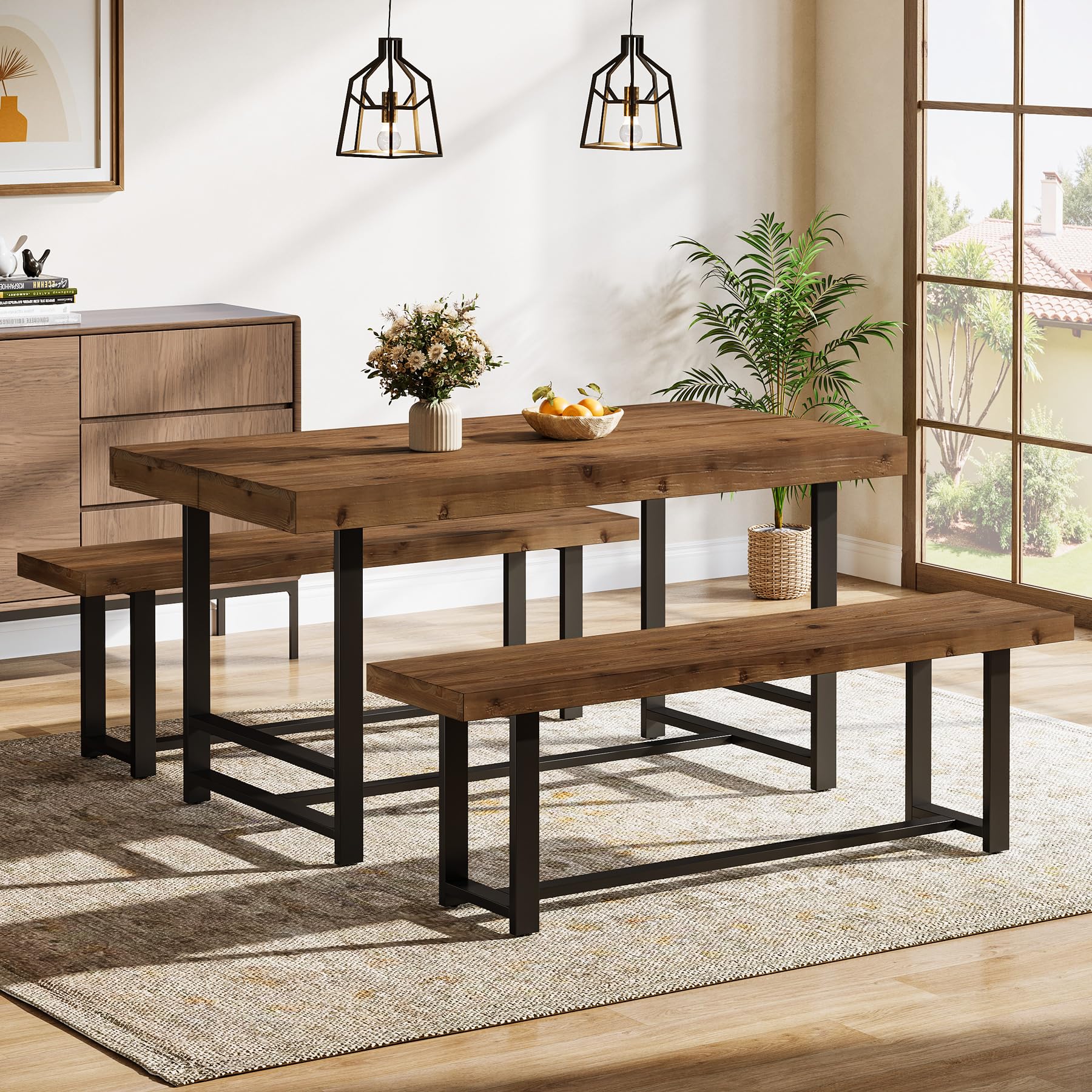 Solid Wood Dining Table Set for 4-6, 55.12" Industrial Farmhouse Kithcen Table with 2 Benches, Space Saving 3-Piece Rectangle Dinette Set & Chairs for Dining Room, Breakfast Nook, Small Space