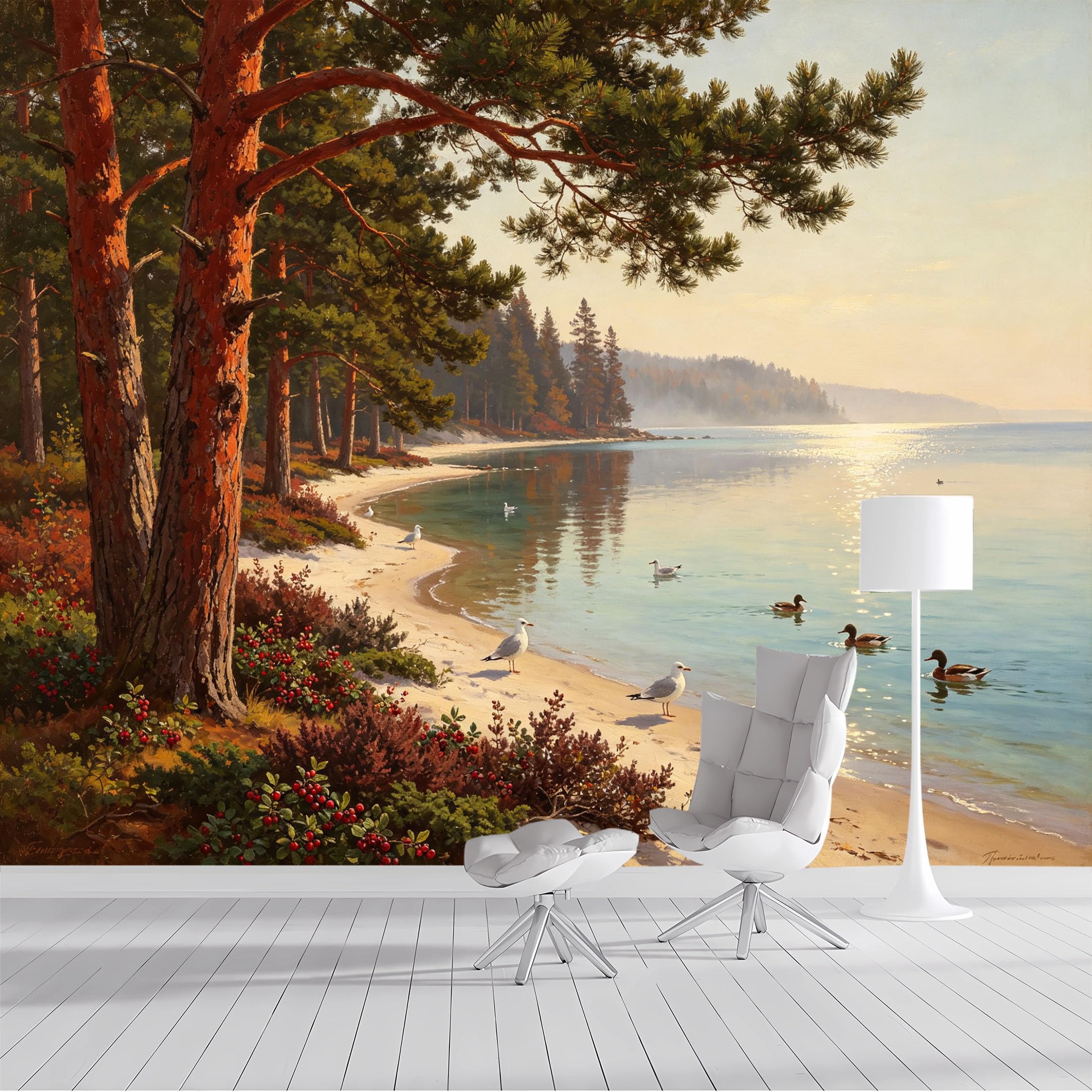 Custom Size Wall Mural Lakeside Forest Pine Trees Shoreline Ducks Seagulls Coastal Oil Painting Landscape SelfAdhesive Wall Fabric Removable Wallpaper for Living Room Bedroom Bathroom