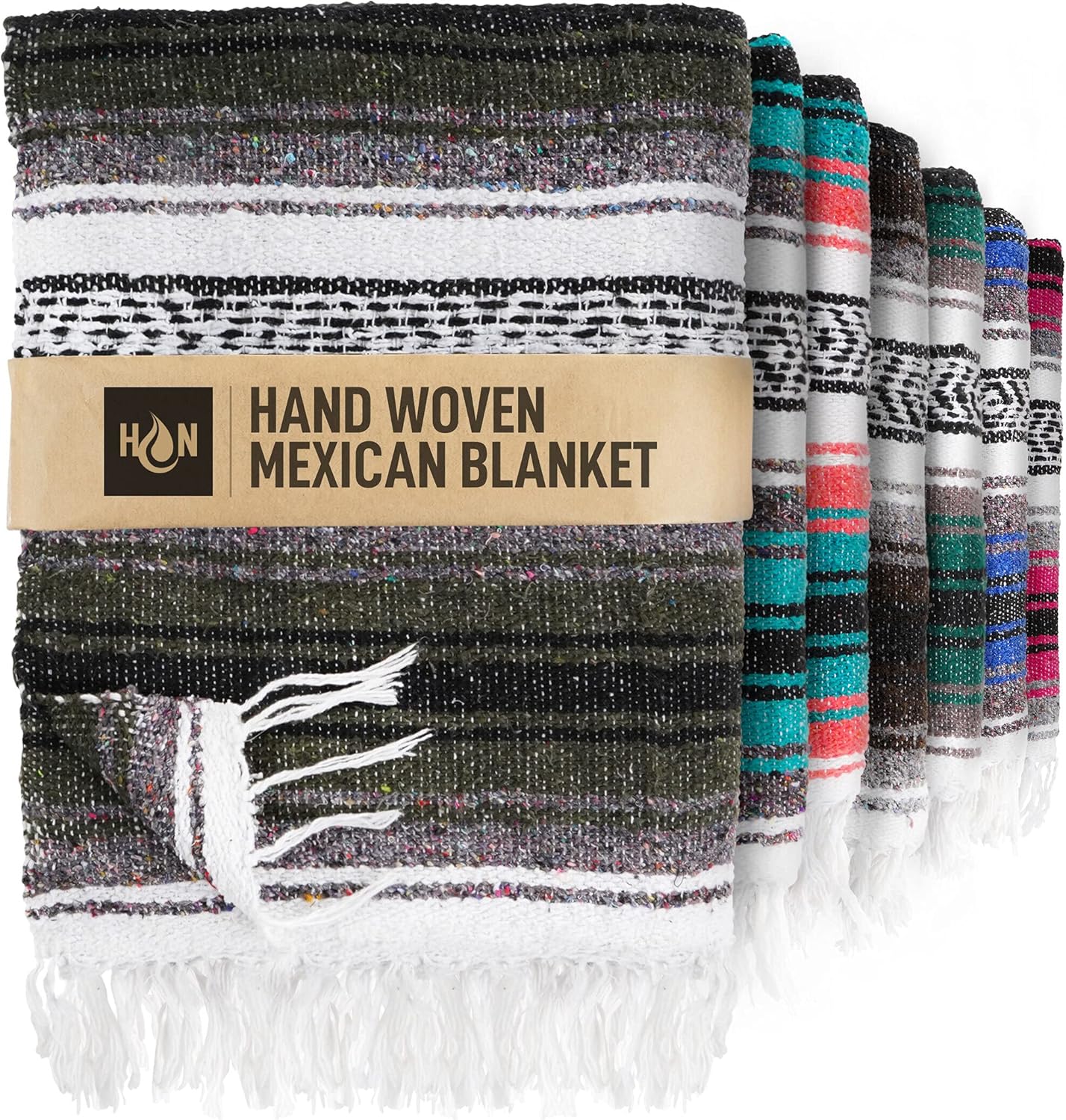 Hydration Nation Authentic Extra Large Mexican Blanket - 70"x50" Handwoven Yoga, Serape, Artisanal Falsa - Camping, Picnic, Outdoor (Military Green)