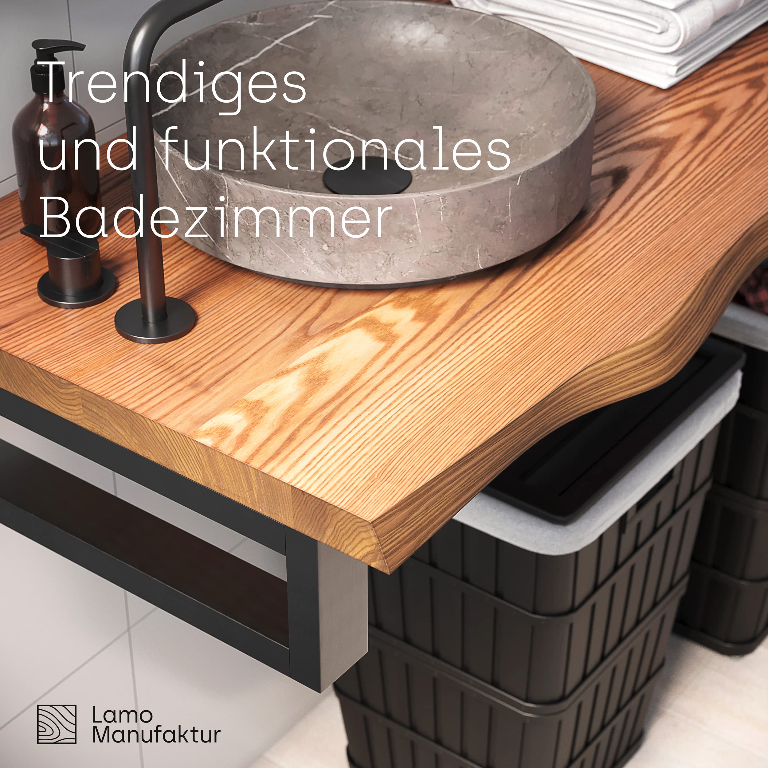 LAMO Manufaktur Piano di lavoro/d’appoggio/top da bagno, piano di lavoro in legno con bordo naturale, 80x45 cm (L x A), Rustico, senza accessori di fissaggio, LWP-01-A-003-BG