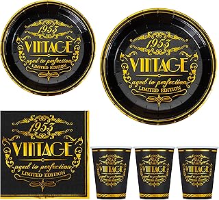 Crisky Black Gold Vintage 1953 Napkins Plates Cups Set for Men 70th Birthday Party Decorations Supplies, Dessert Cake Disposable Tableware Set of 24 (9" Plates, 7" Plates, Luncheon Napkins, 9oz Cups)
