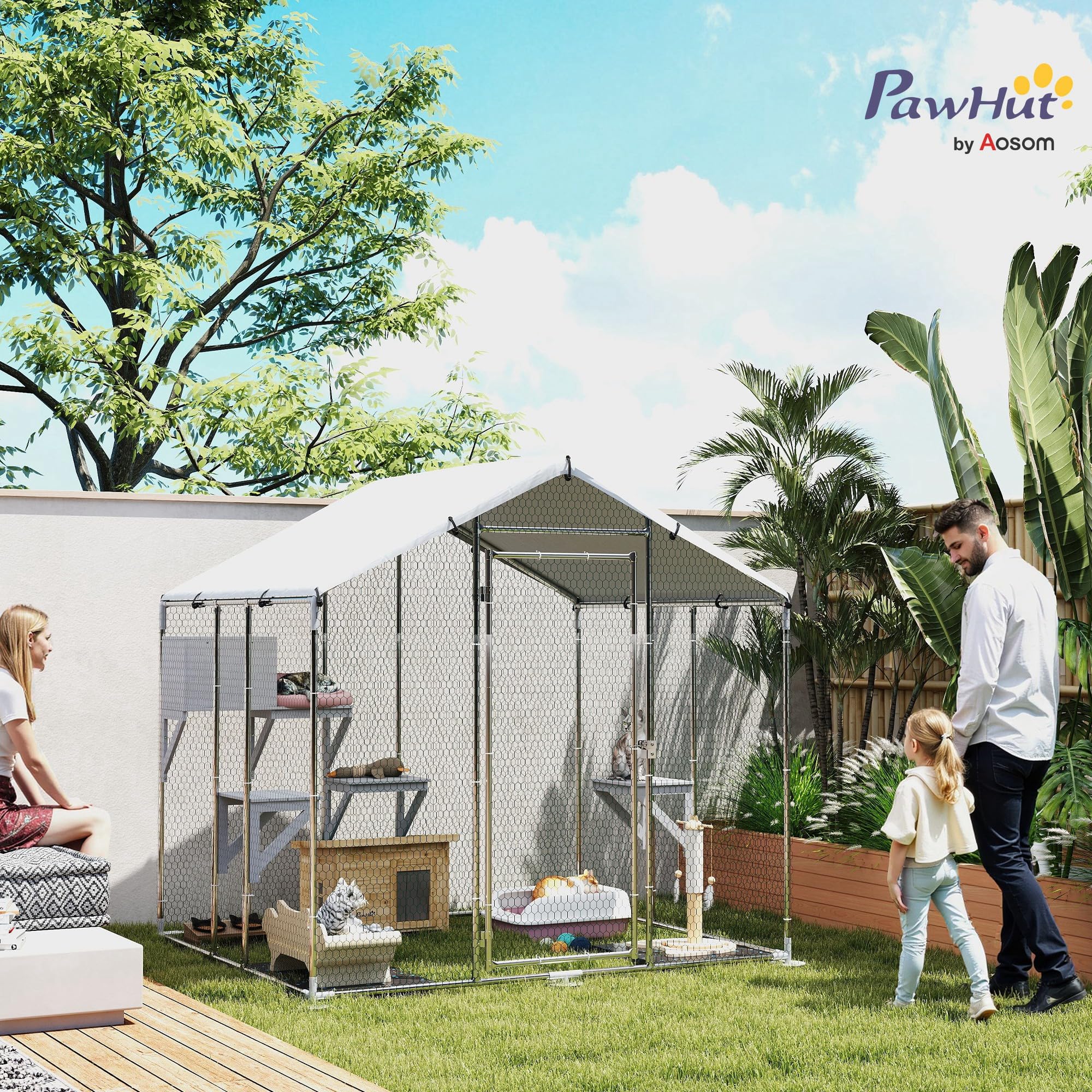 PawHut Jaula Grande para Gatos Exterior, Recinto para Gatos con 1 Casita, 3 Plataformas para Saltar, Cubierta Impermeable y Anti-UV, Parque para 5 Gatitos, Conejos, 200x170x195 cm, Plata