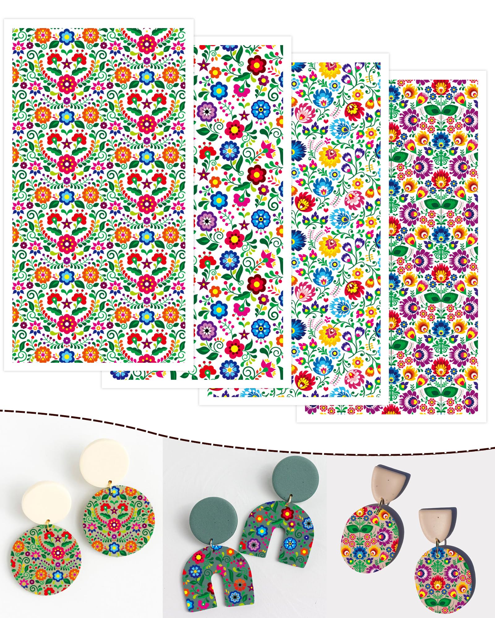 Puocaon Mexican Flowers Transfer Paper - 4 Design 20 Sheets Polymer Clay Transfer Paper Mexican Folklore Design, Vibrant Ethnic Tribal Blossom Clay Transfer Sheet
