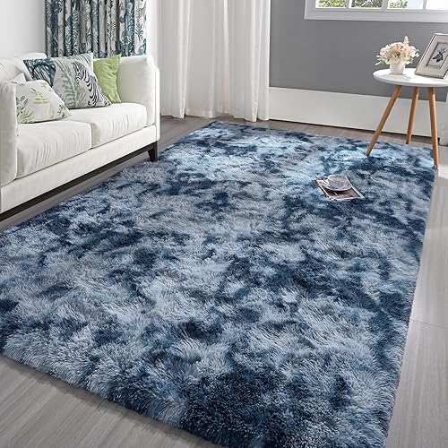 Pettop Alfombra esponjosa de teñido anudado azul y gris para dormitorio, sala de estar, alfombra rectangular grande de felpa de 4 x 6 pies, alfombra