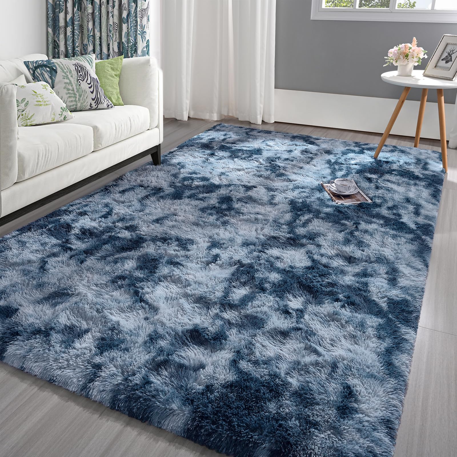 Fluffy Tie-Dye Bluegrey Rug for Bedroom Living Room, 4x6 Feet Rectangle Large Rug Plush Fuzzy Carpet for Girls Kids Boys, Non-Slip and Washable Rug for Nursery Classroom, Home Decor Rug