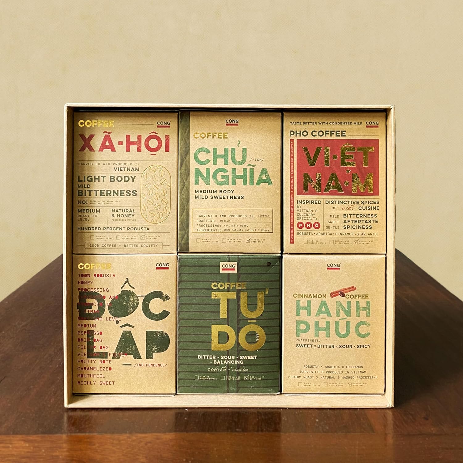 CONG CAPHE - Vietnamese Coffee Gift Set – 6 Premium Boxes of Coffee Drip, Traditional Robusta & Arabica Blend, Medium Roast