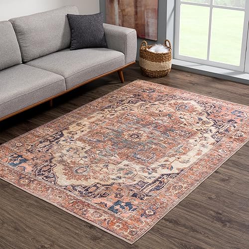 Miniatura 3 de Bloom Rugs - Tapete tradicional para sala de estar, lavable y antideslizante, para dormitorio, comedor y cocina, color beige y terracota, tamaño