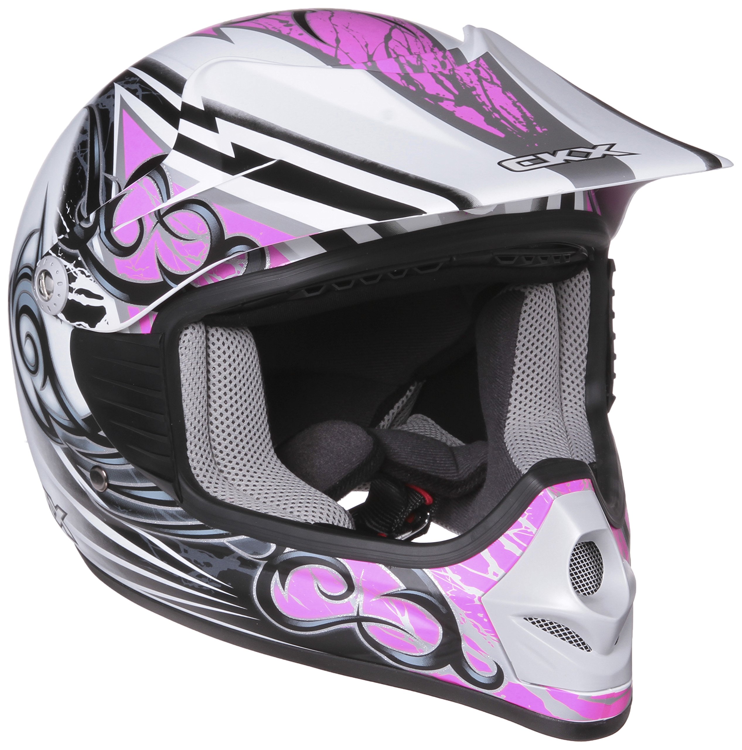 CKX 102114 TX-218 Whip Juniors/ Kids/ Youth Full Moto Helmet, White/Pink/Silver Matte, Large