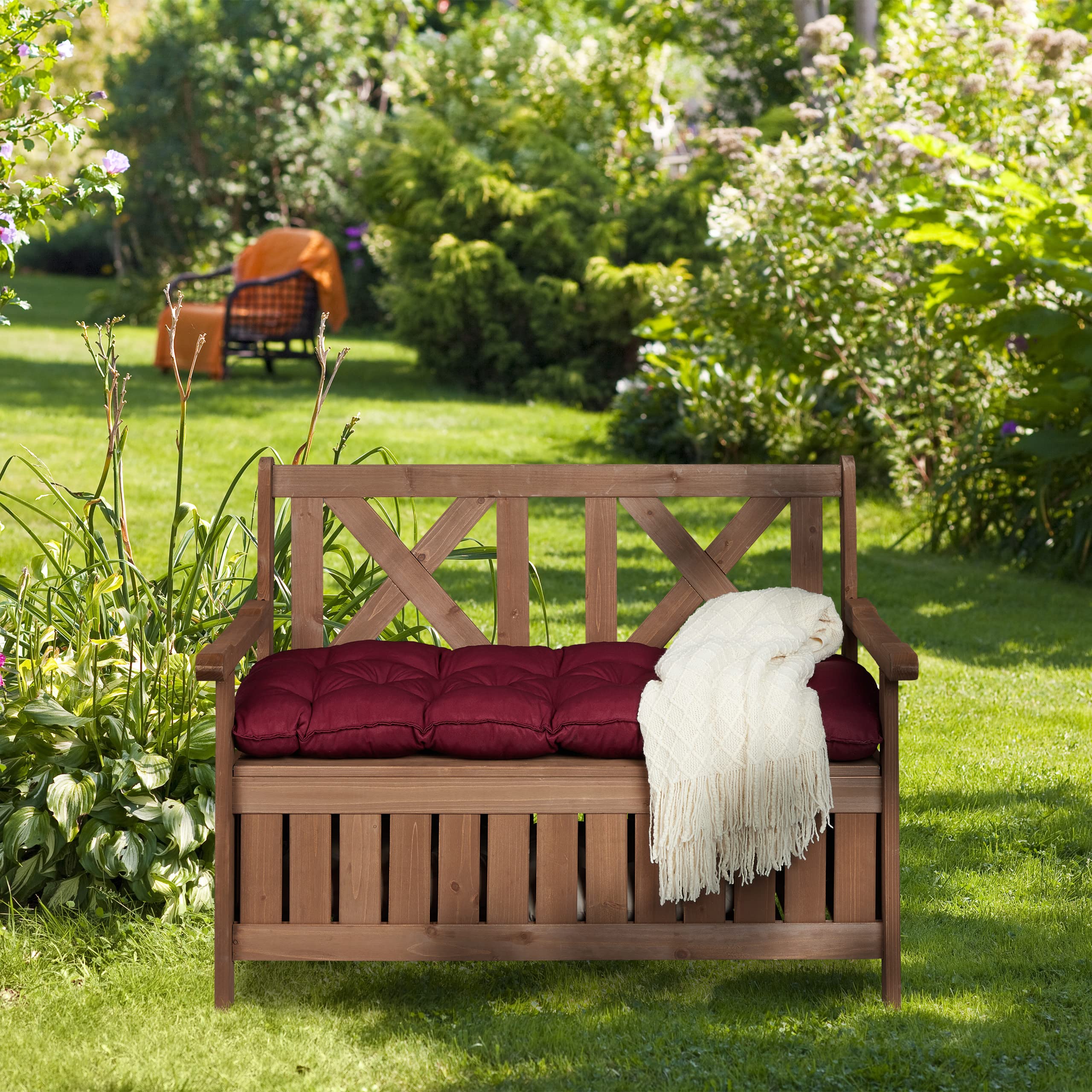 Relaxdays Banco Jardín con Baúl, 2 Plazas, Madera Abeto, 85 x 115 x 60 cm, Asiento Exterior con Respaldo, Marrón Oscuro