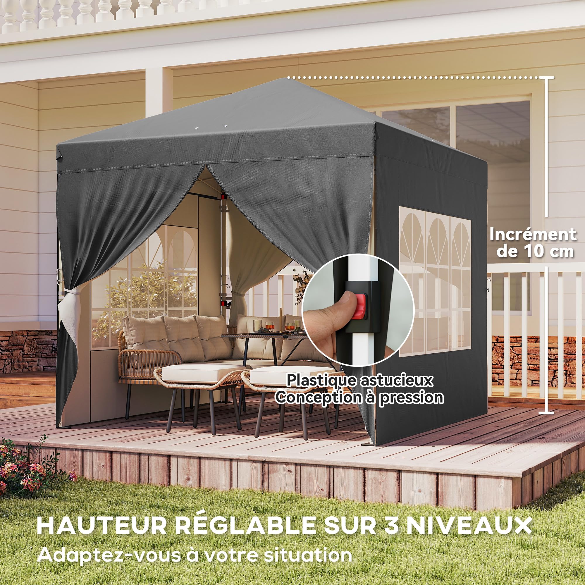 Outsunny Tonnelle de Jardin 2,5 x 2,5 m Pop up Tente Pliante réglable en Hauteur Protection UV50+ tonnelle Pliante avec 4 parois latérales Sac de Transport Montage Facile Gris foncé