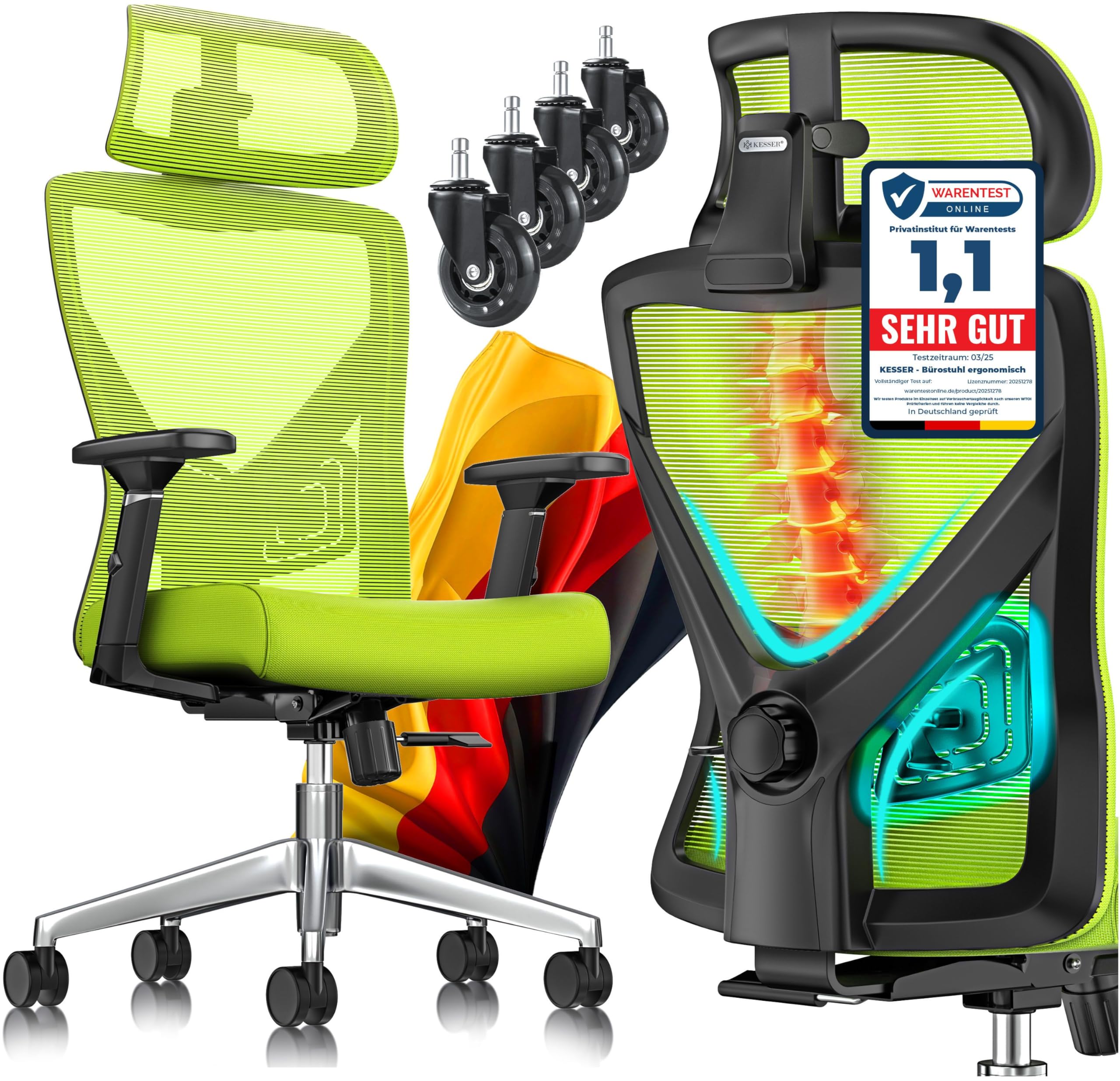 KESSER® Bürostuhl Ergonomisch mit verstellbaren Armlehnen | Drehstuhl mit Lendenwirbelstütze Rückenschonend | Schreibtischstuhl mit Kopfstütze | Office Chair Wippfunktion bis 125° mit 5X Gummirollen