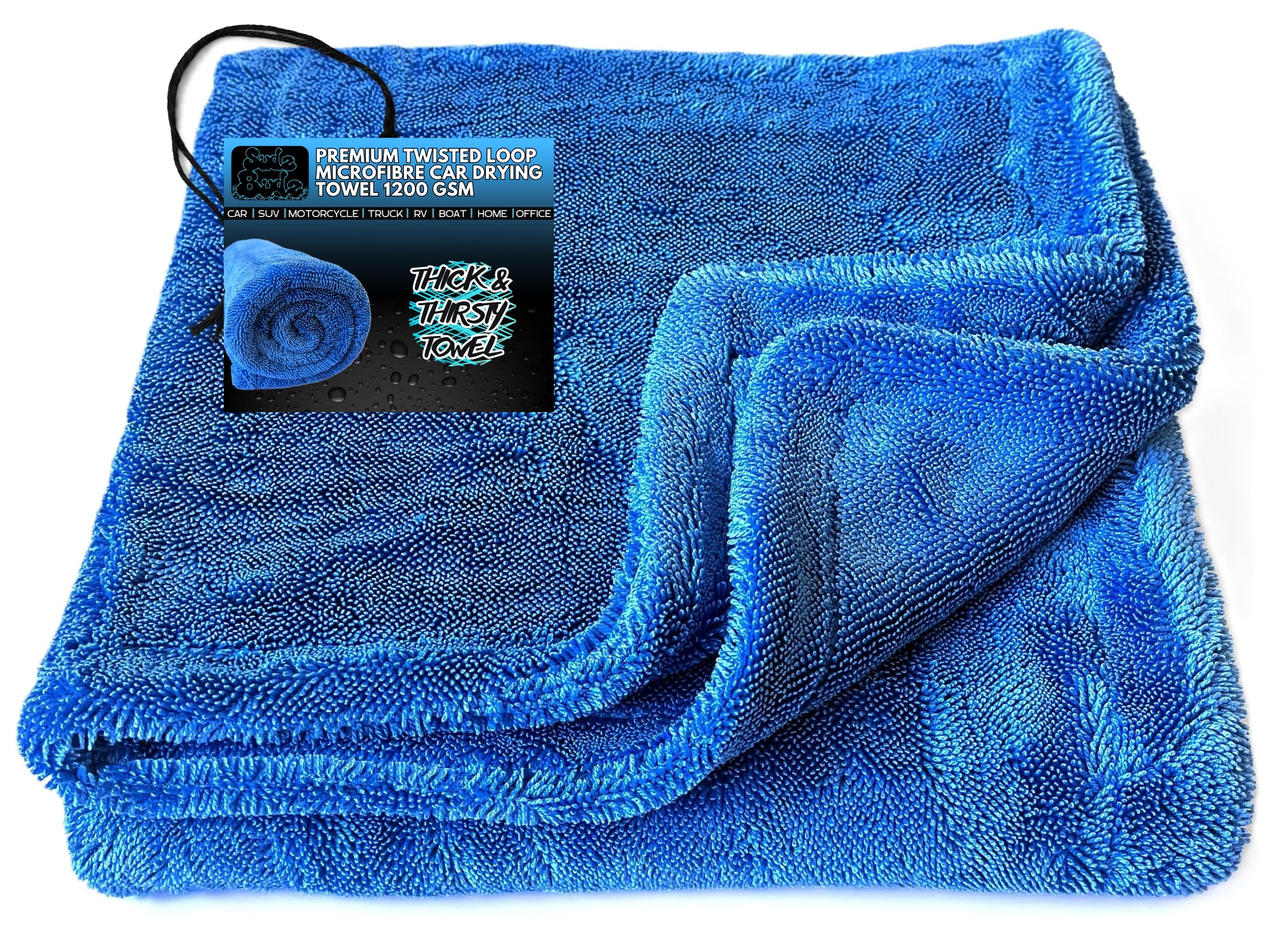 Sudz BudzPremium Twisted Loop Microfibre Car Drying Towel XXL 1200GSM | 90 x 60cm, Fast Streak-Free Drying, Ultra-Soft, Super Absorbent Cleaning Cloth | Thick, Dual-Sided, Edgeless, No Scratch Towel