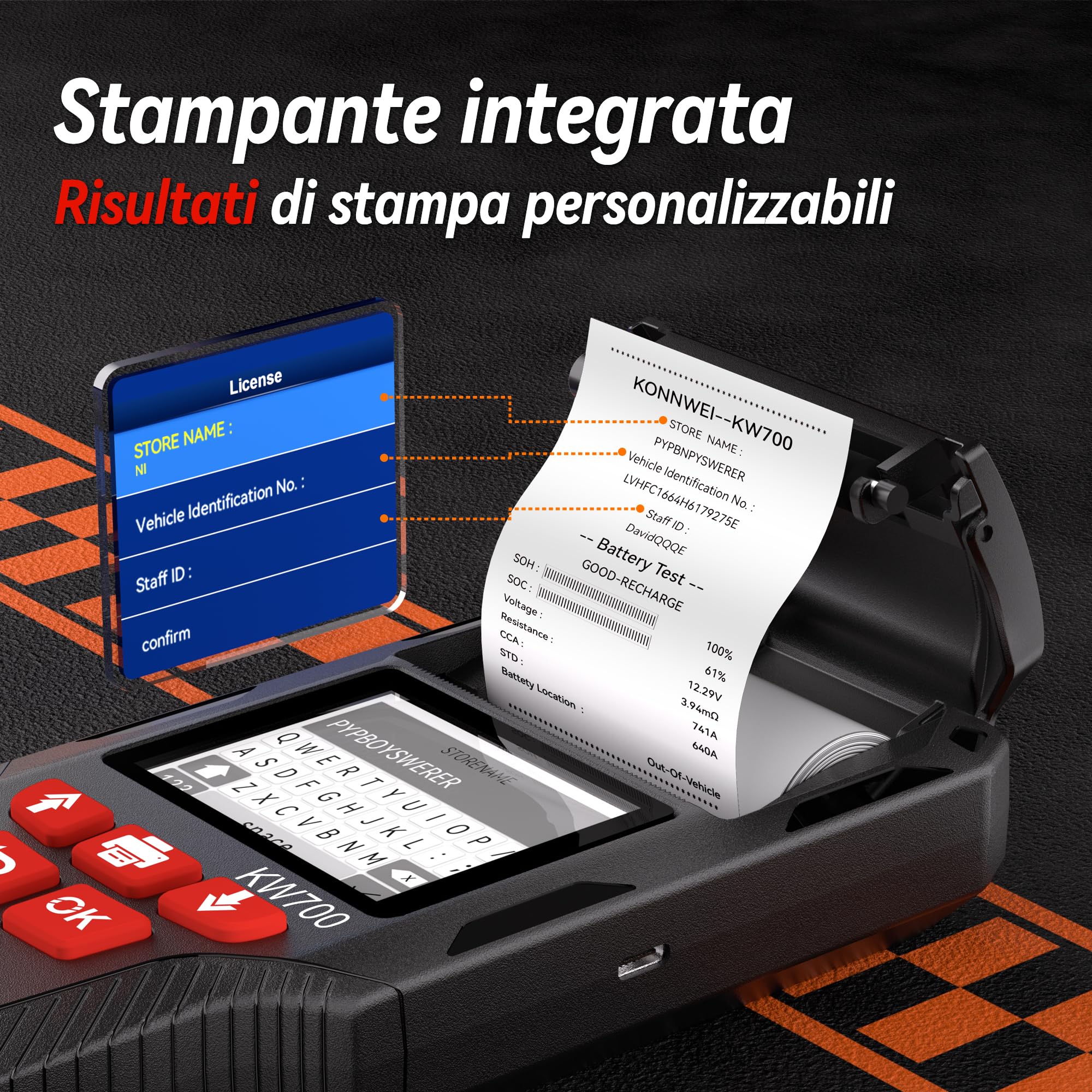 KONNWEI Tester Per Batteria Auto Con Stampante, 12v/24v, Tester Di Carico Della Batteria Automobilistica 10-2000 Cca, Test Di Avviamento E Ricarica, Tester Alternatore Per Auto, Camion(Carta Inclusa)