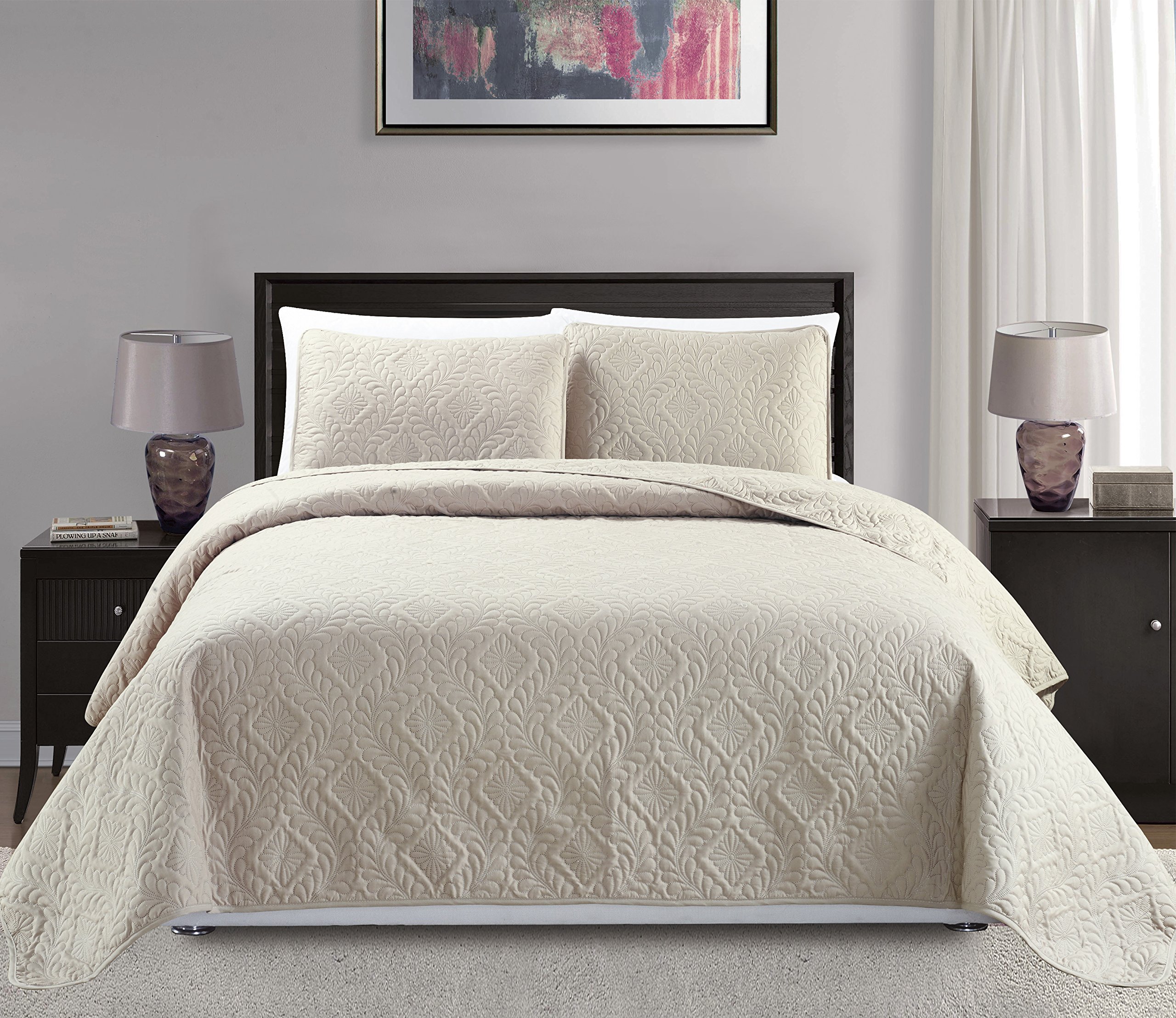 mk collection fullqueen size over size 10034x10634 3pc diamond bedspread bed-cover embossed solid beige new