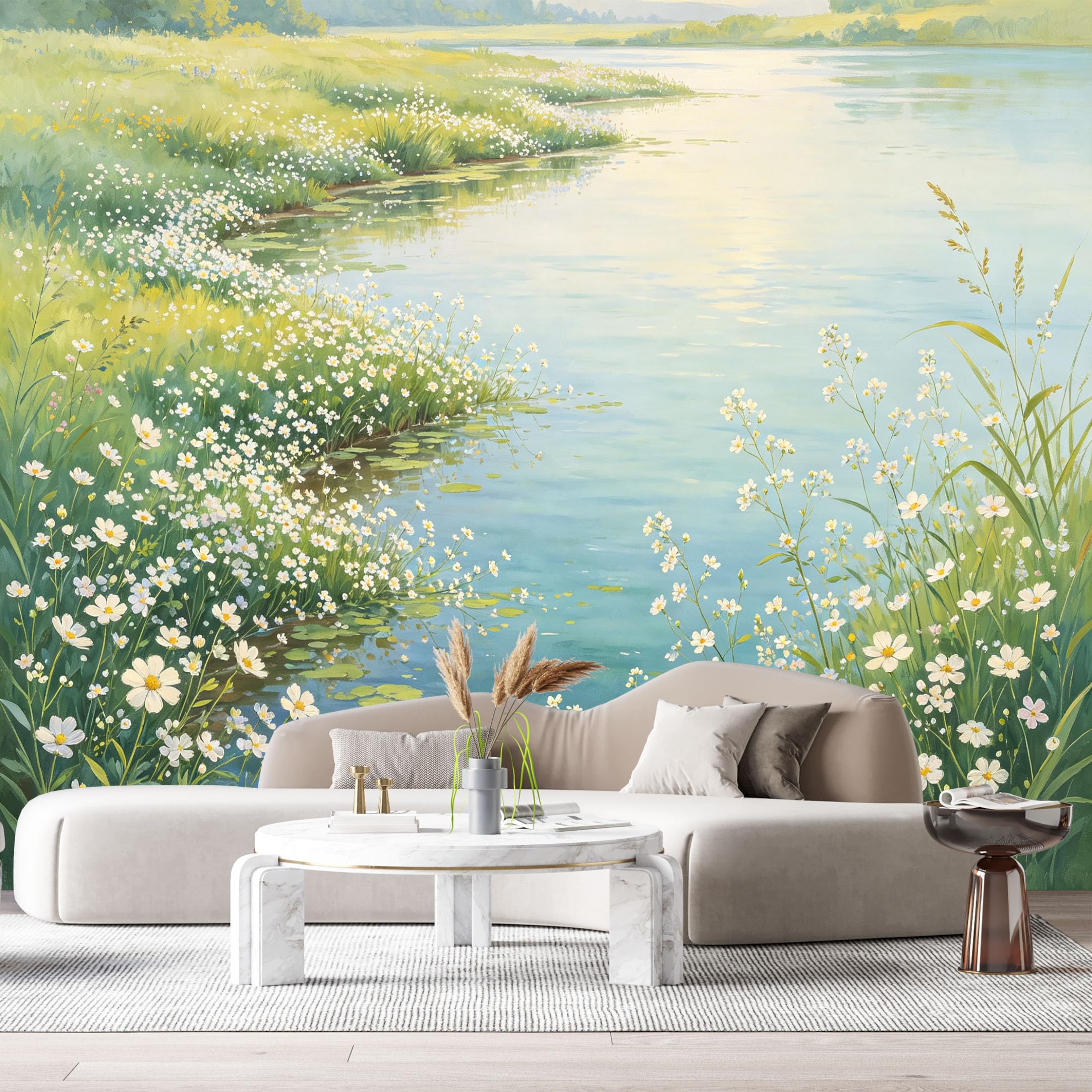 Custom Size Wall Murals River Landscape Watercolor Wildflowers Meadow Lakeside Reflection SelfAdhesive Wall Fabric Removable Large Wallpaper for Photo Living Room