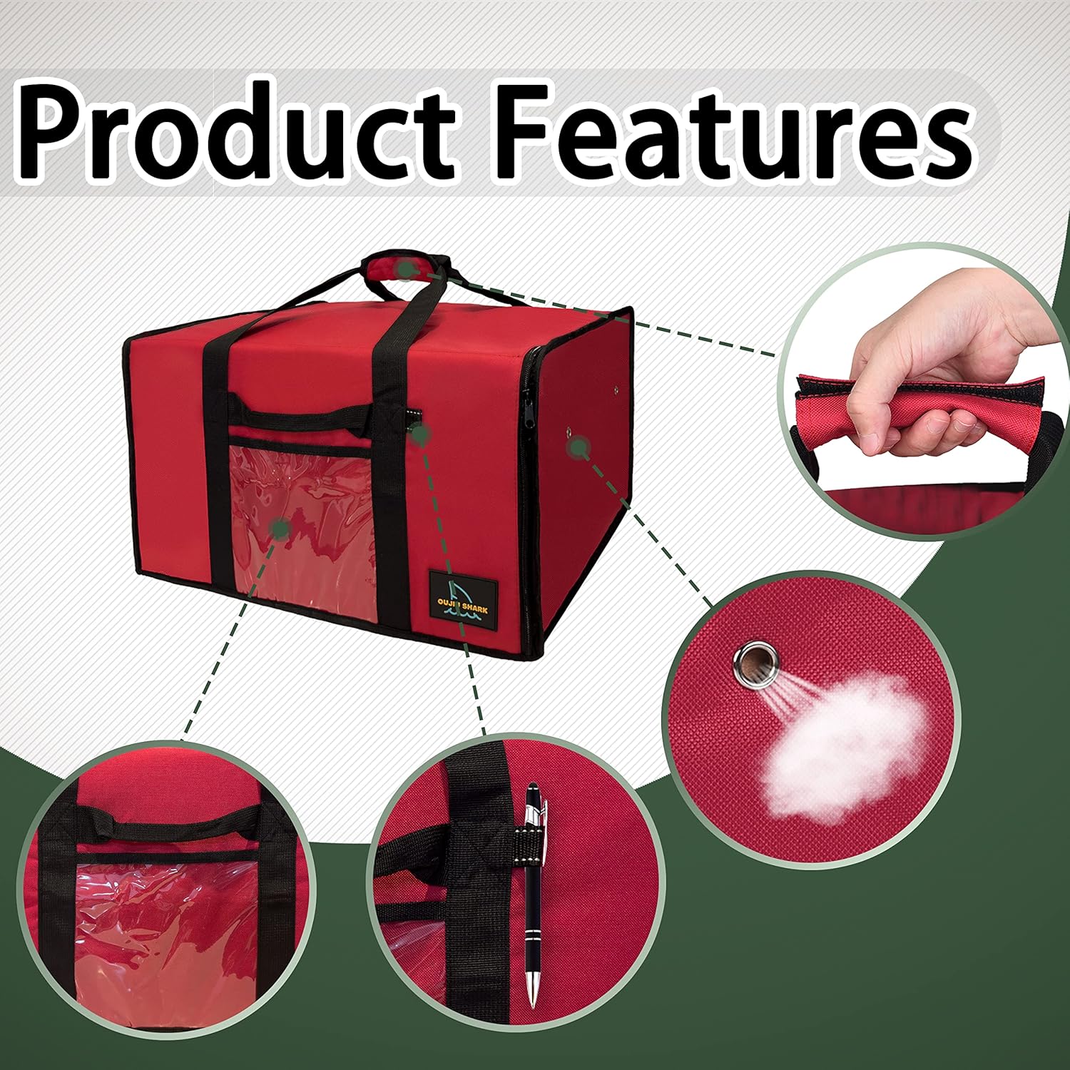 OujiuShark Insulated Pizza Bags for Delivery, 20in x 20in x 12in, Commercial Pizza Warmer Bag, Large Pizza Carrier for Hot and Cold Food (Red)