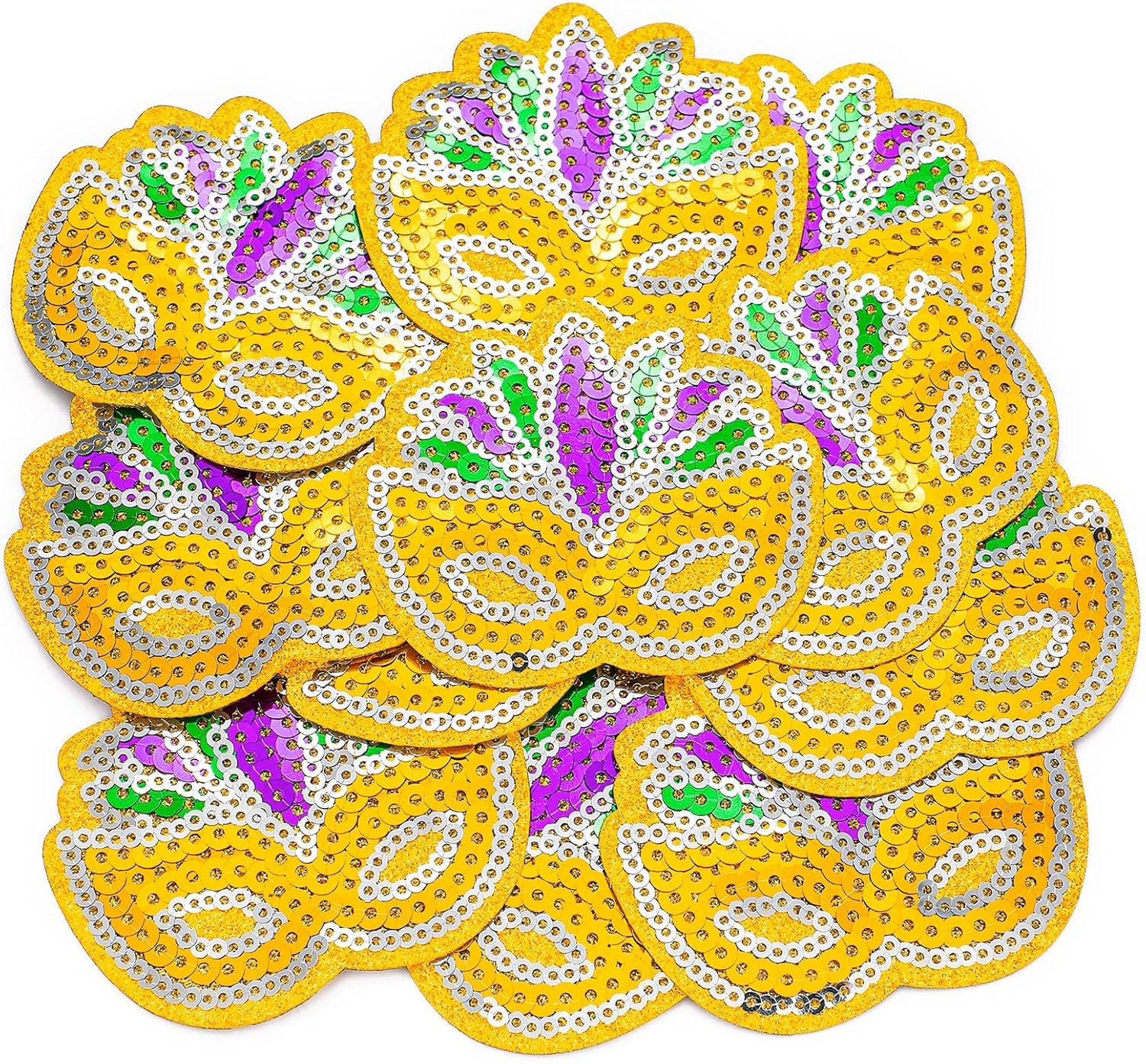 12 Pcs Mardi Gras Sequins Iron on Patches Mardi Gras Mask Patch Purple Gold Green Masquerade Mask Glitter Appliques Iron on Transfers for Carnival DIY Craft Clothing Dress Hats Backpack Decor