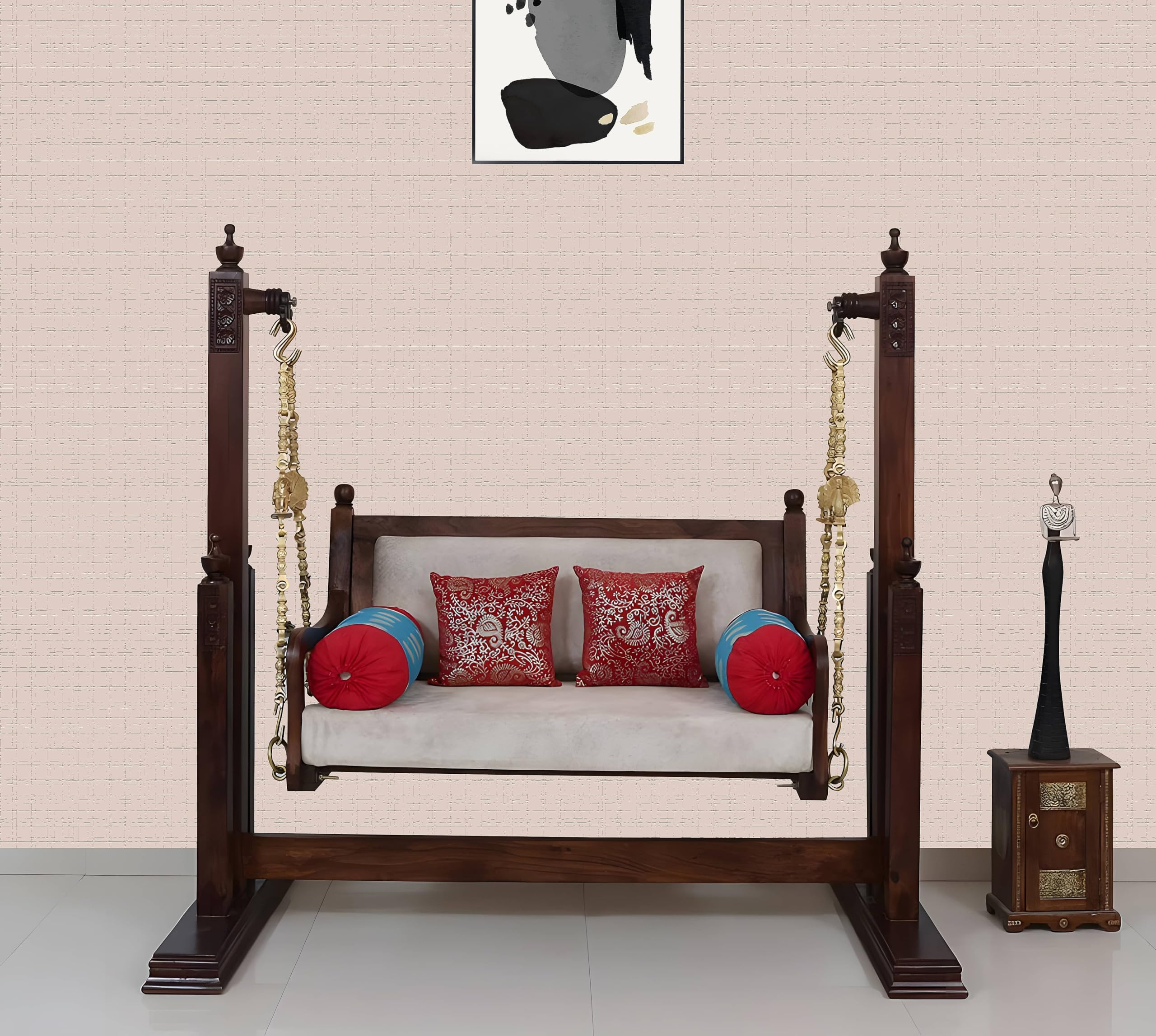 APRODZ 2 Seater Swing Wooden Jhula with Stand and Porchfor Indoor Outdoor & Balcony | House Swings for Adults (Walnut Finish)