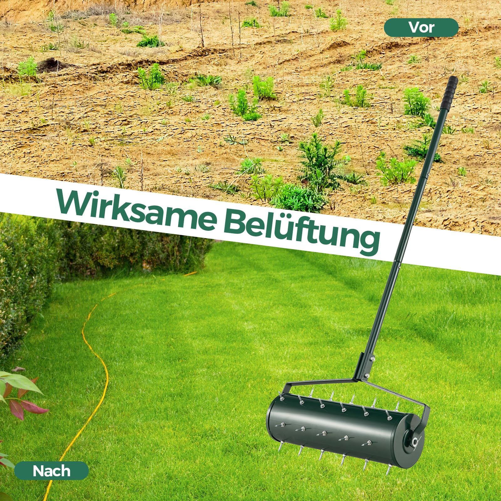 COSTWAY Rasenlüfter Walze manuell, 53 x 130 cm, Rasenrolle mit Stiel & Nägeln, Handvertikutierer rollend, Rasenbelüfter Gartenwalze, Vertikutierer Rasenwalze Garten Hof Rasen, Grün