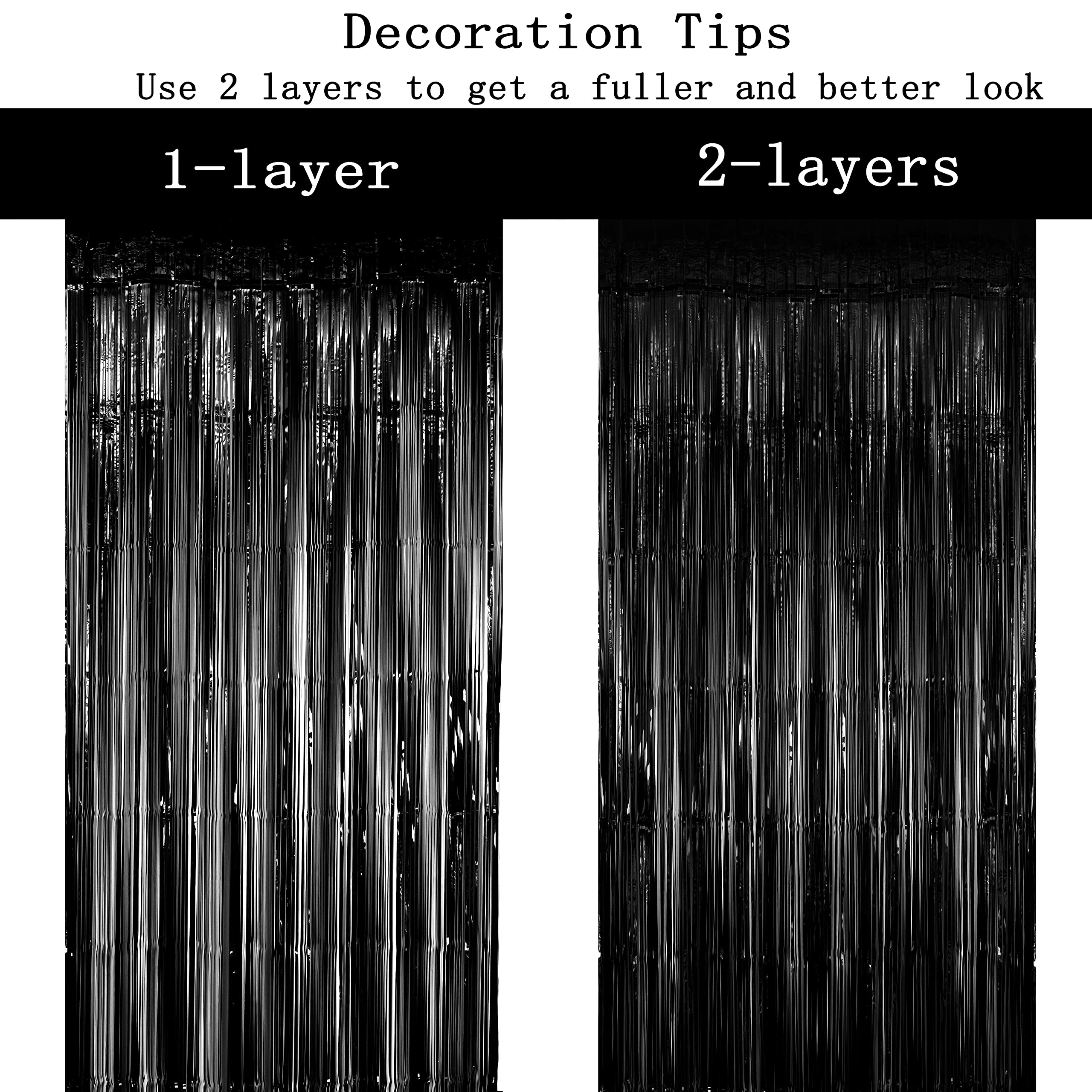 Cortinas de flecos de papel de aluminio negro metálico, cortinas de flecos de papel de aluminio de oropel para feliz cumpleaños, baby shower, jubilación, despedida de soltera, Halloween, Año Nuevo