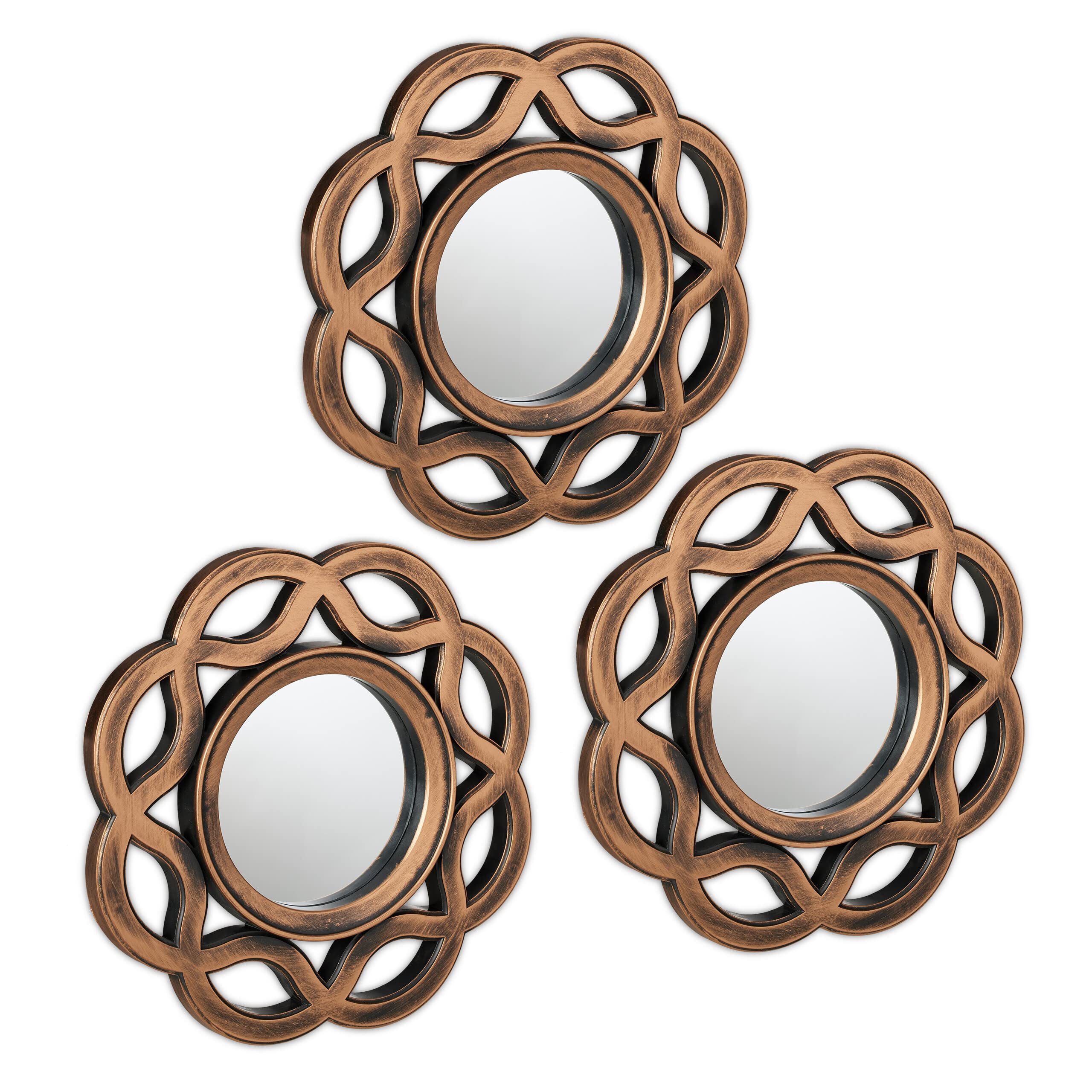 Relaxdays wandspiegel set van 3, ronde hangspiegels, antiek design, barok, 25 cm, kunststof lijst, brons/zwart