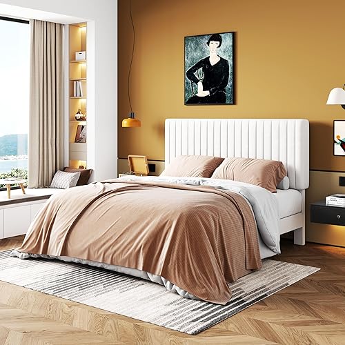 Miniatura 17 de HOOMIC Base de cama de plataforma de tamaño matrimonial, cama tapizada de terciopelo moderno con cabecera capitoné de canal vertical ajustable,