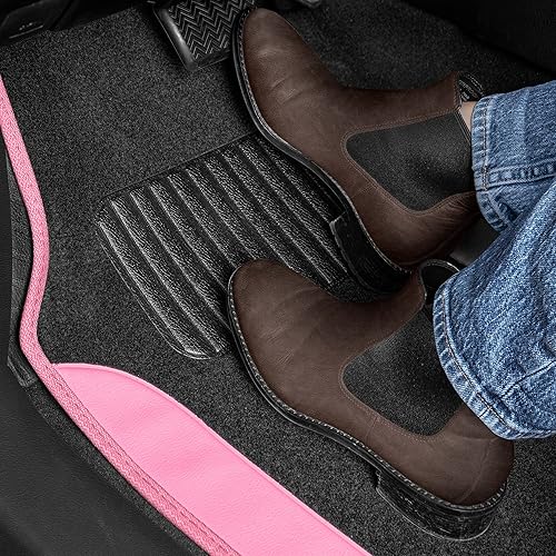 Miniatura 3 de Tapetes para automóvil BDK color rosa, de piel sintética de dos tonos, incluye características antideslizantes y almohadilla de talón integrada,