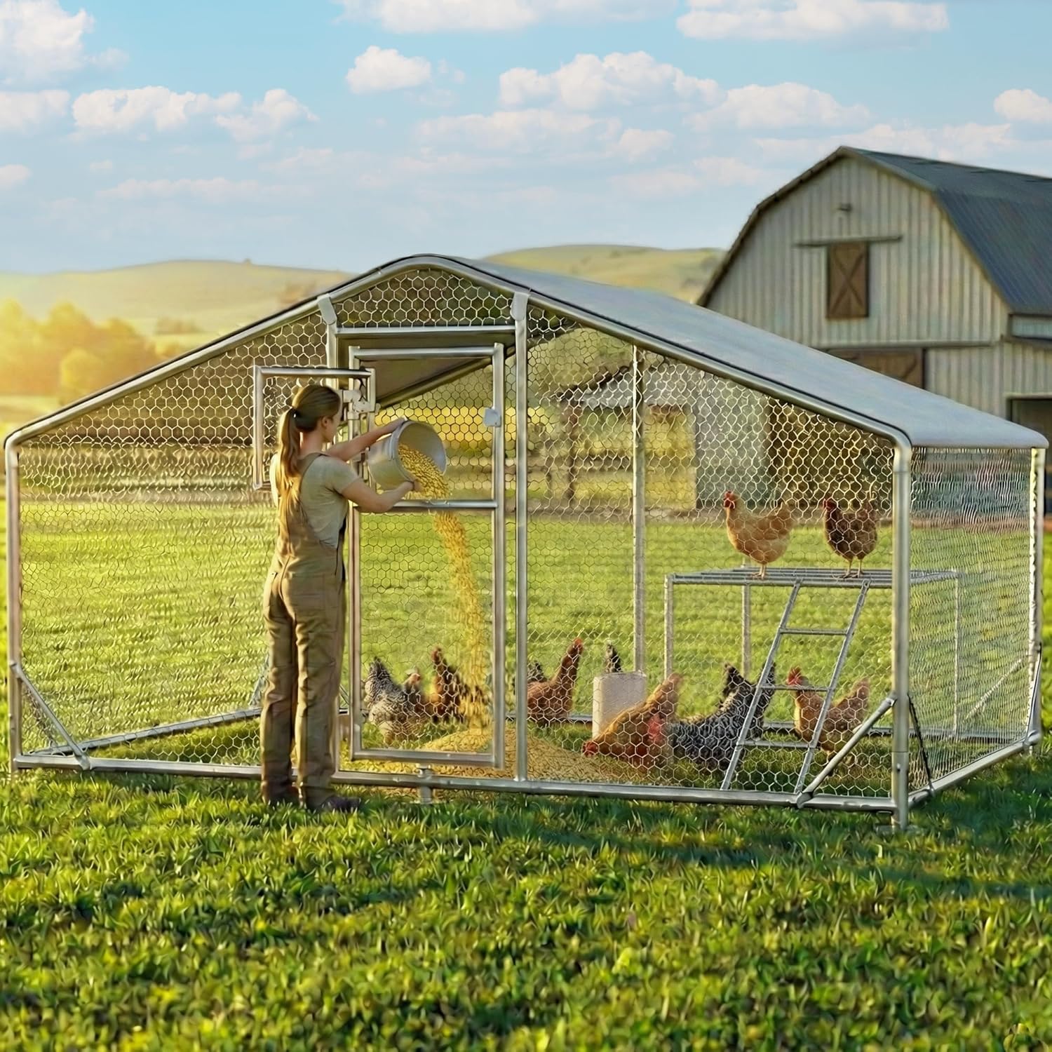 10X6.5 FT Metal Chicken Coop for 5-10 Chickens, Walk-in Chicken Run with Oxford Cloth Rainproof & Anti-UV Cover, Chicken Coops with Dutch Door Poultry Outdoor Yard