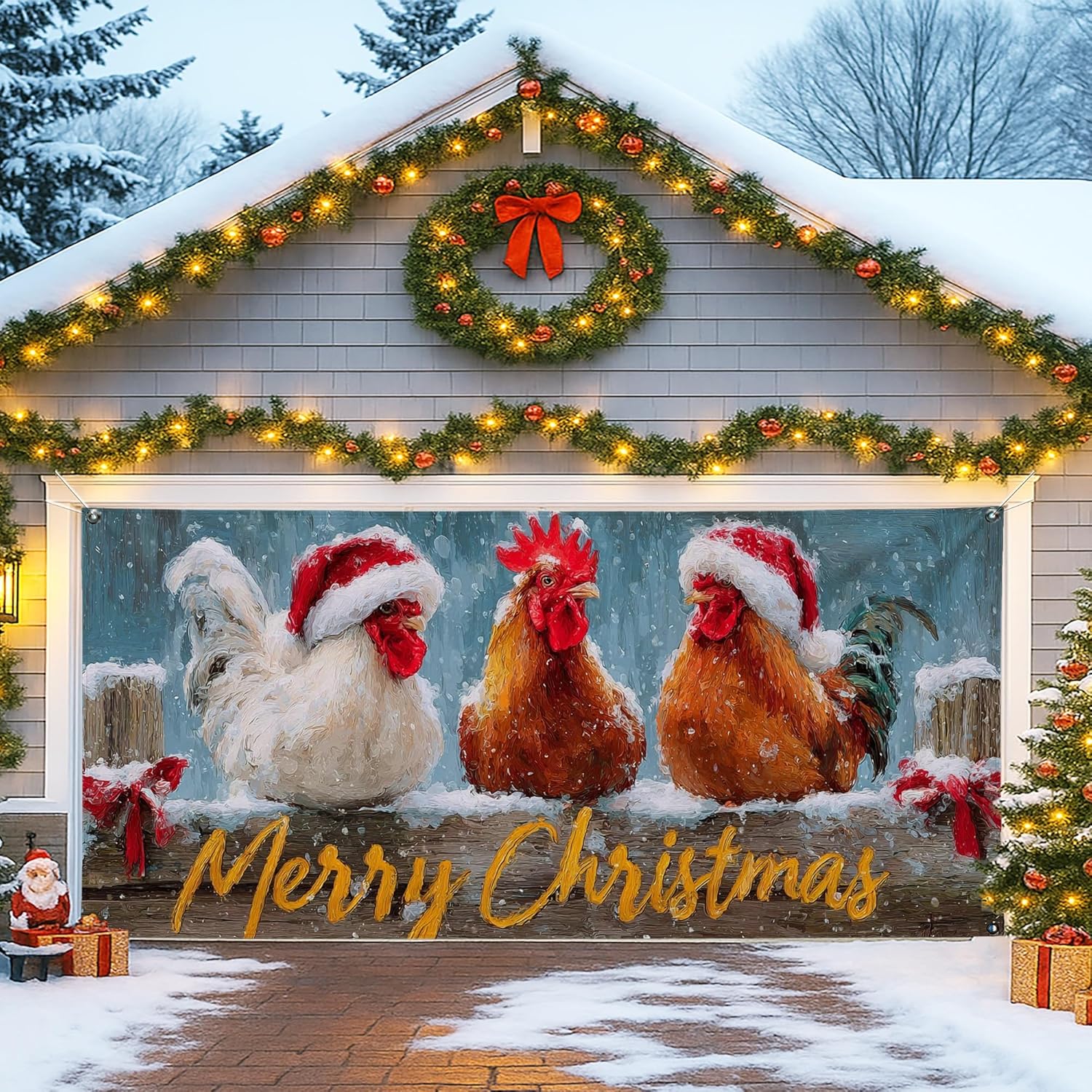 Christmas Chicken Garage Door Cover, Colorful Farm Animal Large Garage Door Decorations, Winter Indoor and Outdoor Holiday Party Decor 157x71 Inch