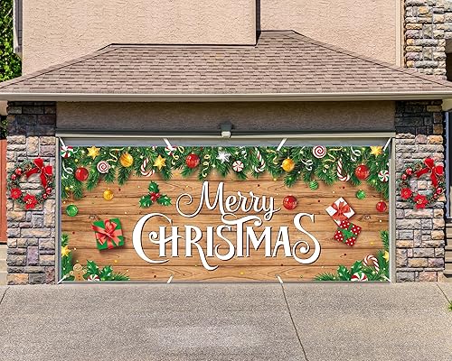 Hosuly Pancarta doble de 6.6 x 16 pies para puerta de garaje de Navidad, decoración de telón de fondo colgante de Feliz Navidad, para interiores y