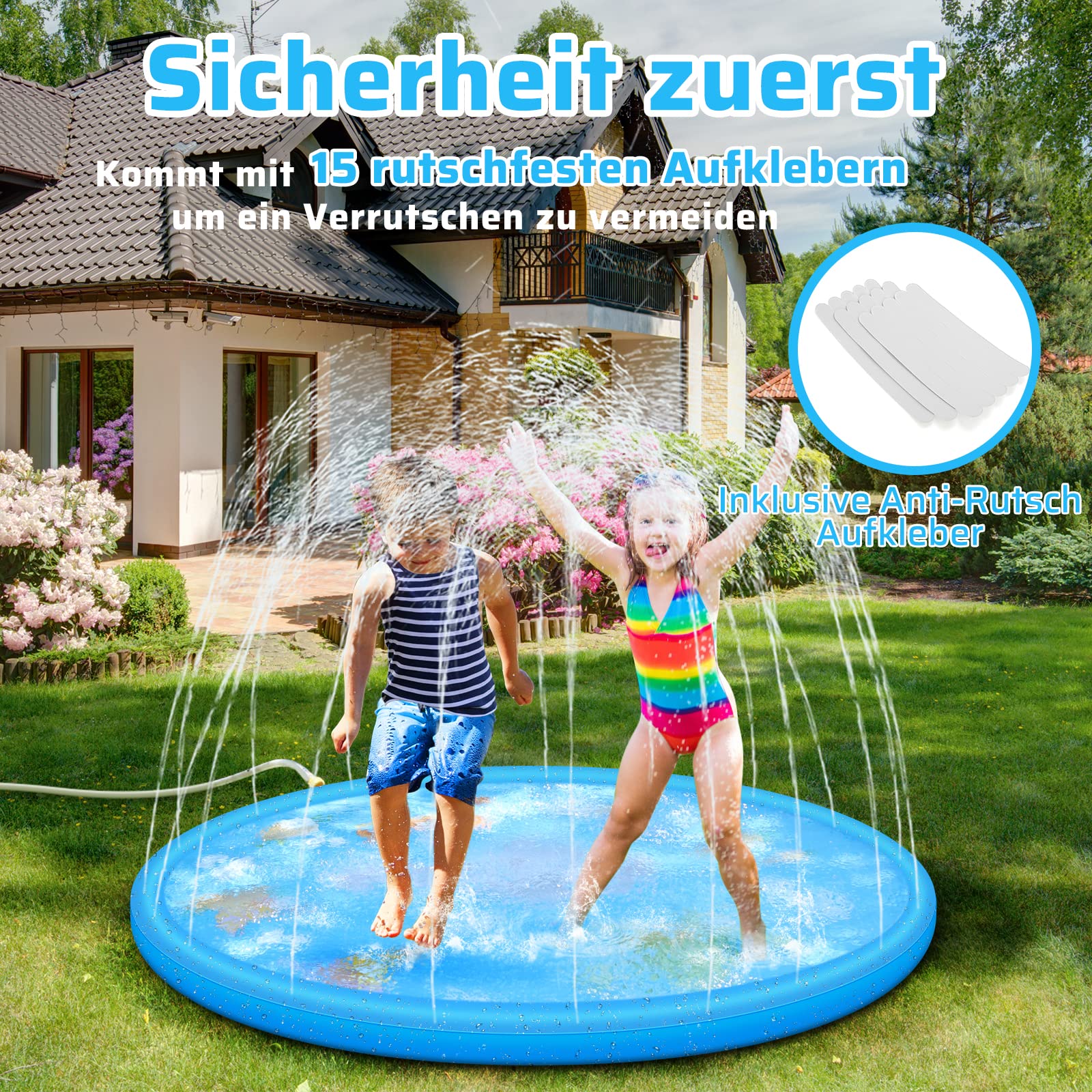 Anpro 170CM Splash Pad, Sprinkler Wasser-Spielmatte Splash Play Matte mit 15 Anti-Rutsch-Streifen, Sommer Garten Wasserspielzeug für Baby, Kinder, Hund und Haustiere