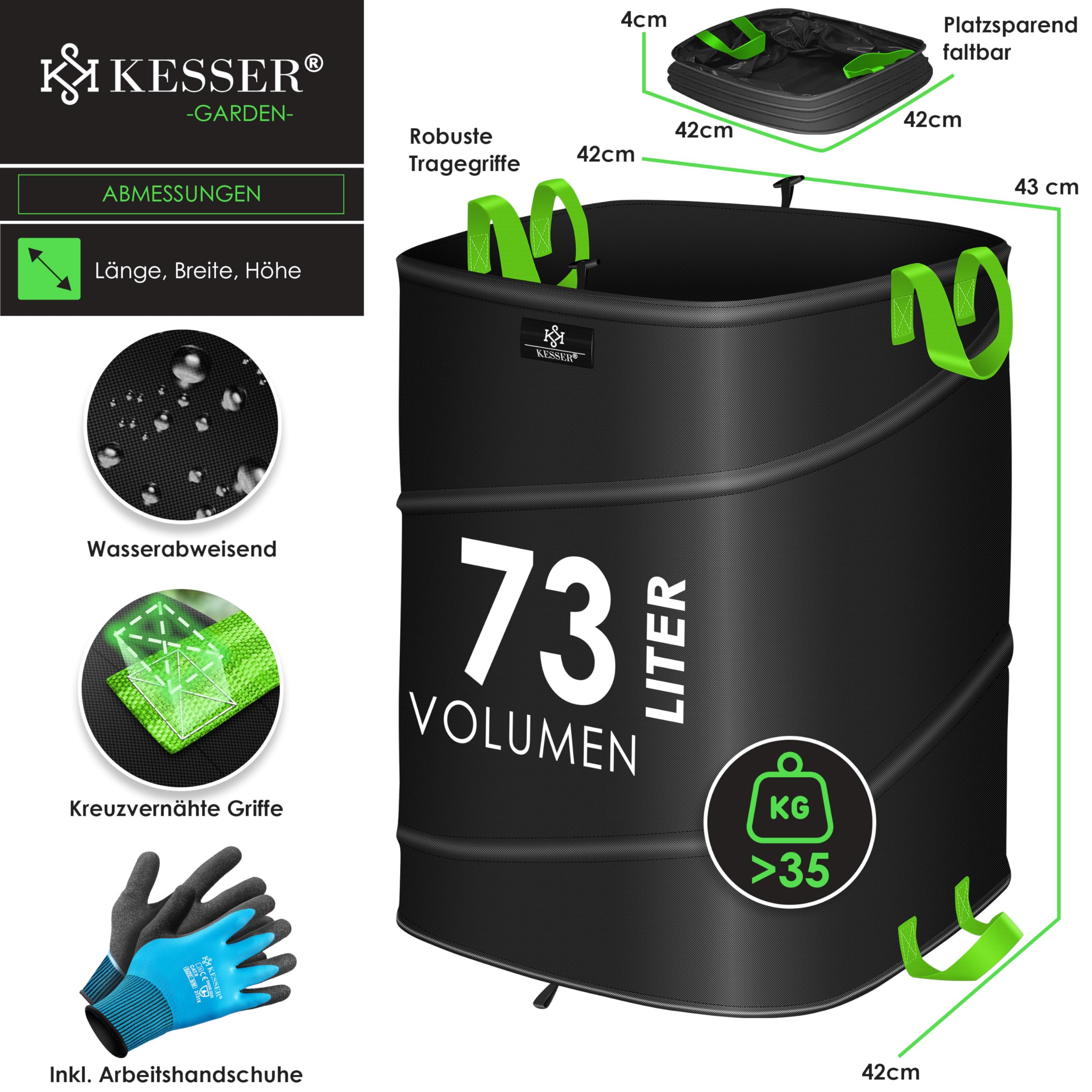 KESSER® Set di Sacchi da Giardino Pop-up - 4x 73 Litri, Sacco per Rifiuti da Giardino con Guanti, Autoportante con Maniglie, Robusto, Robusto e Richiudibile, Nero/Verde Chiaro