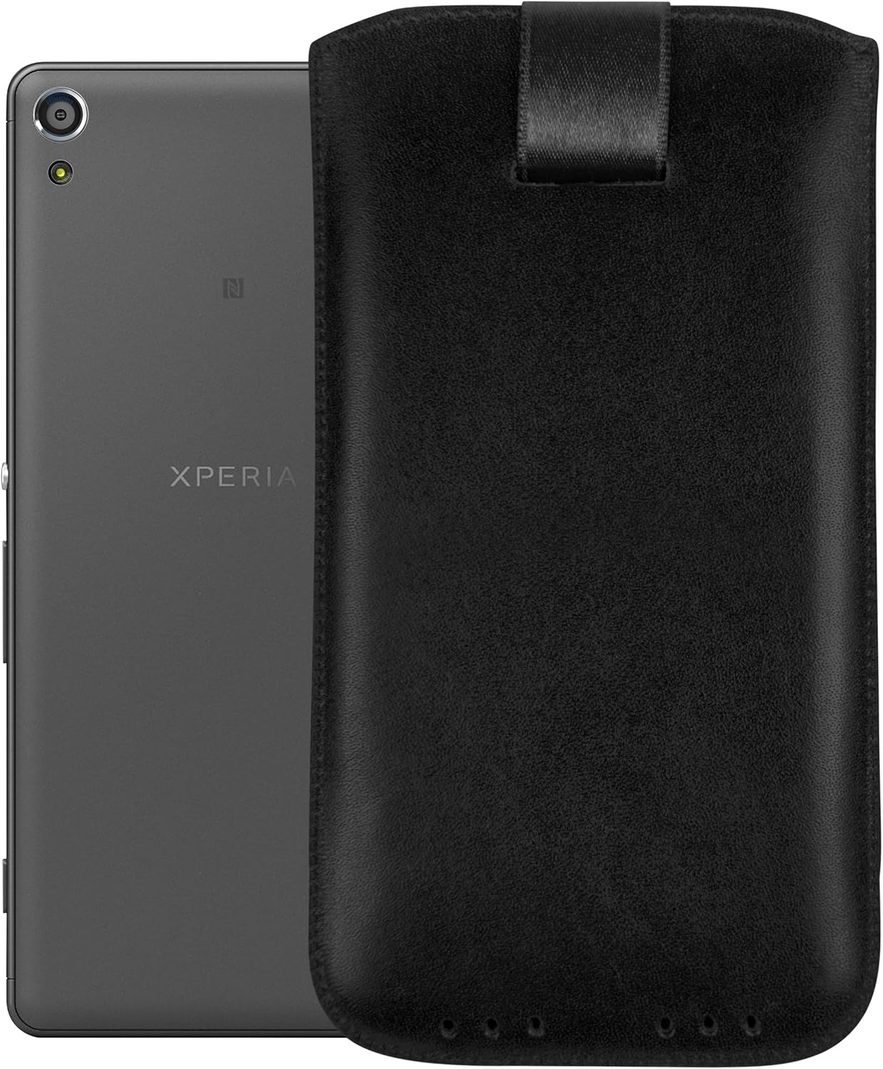 mumbi Genuine Leather Case with Flap and Pull-Out Tab for Sony Xperia XA Black
