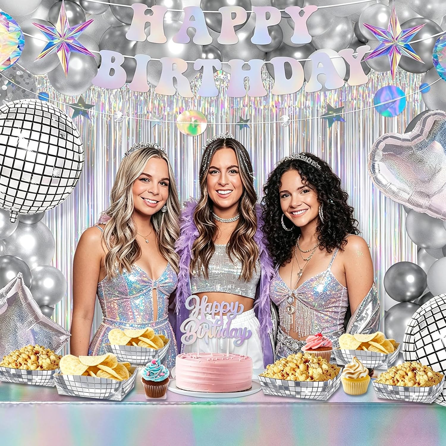 24 Pcs Silver Food Trays for Disco Party Decorations