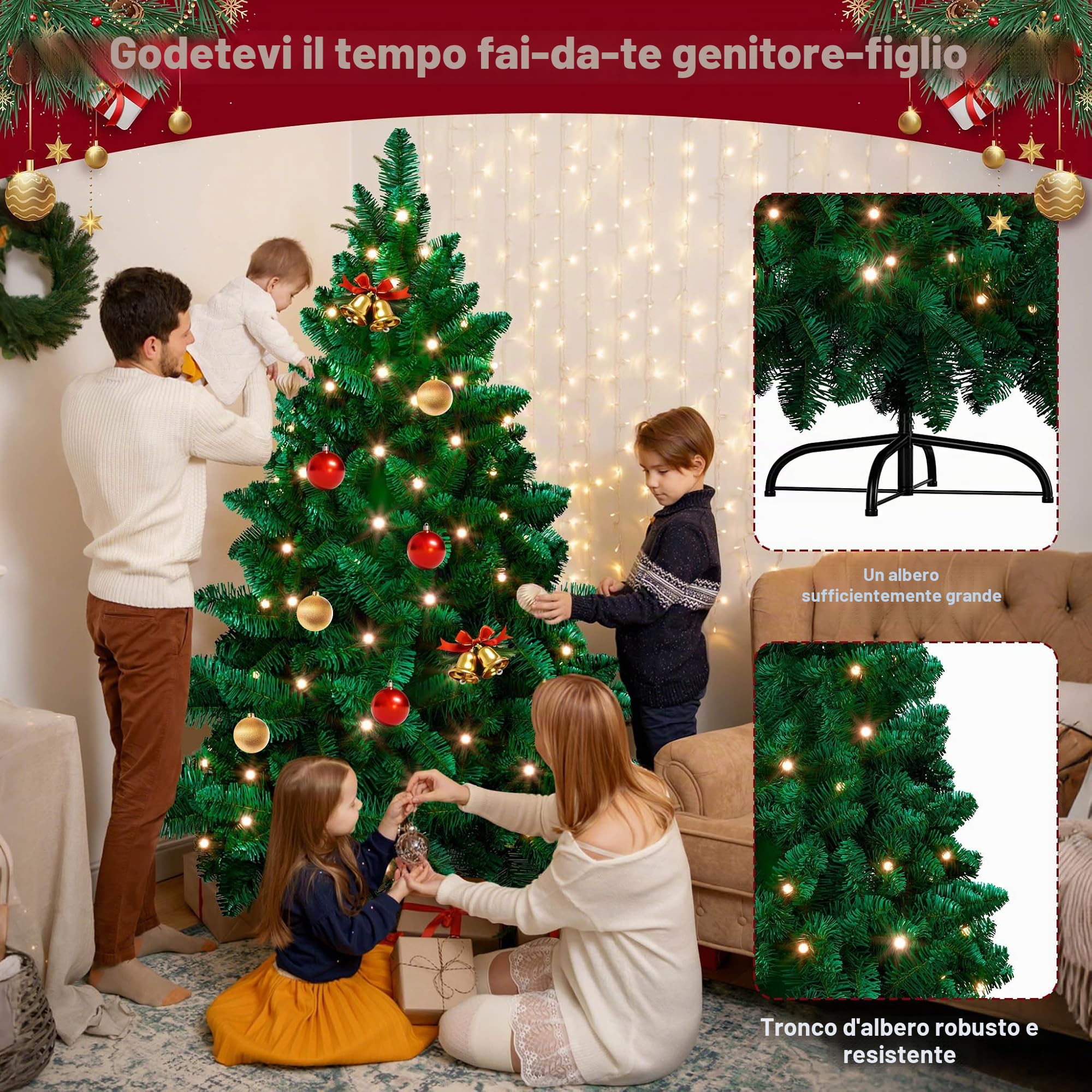 Froadp 210cm Albero di Natale Artificiale in PVC, Abete Artificiale con 820 Rami e 350 LEDs, Albero di Natale Rimovibile con Supporto in Metallo, Abete Ignifugo per la Decorazione di Natale