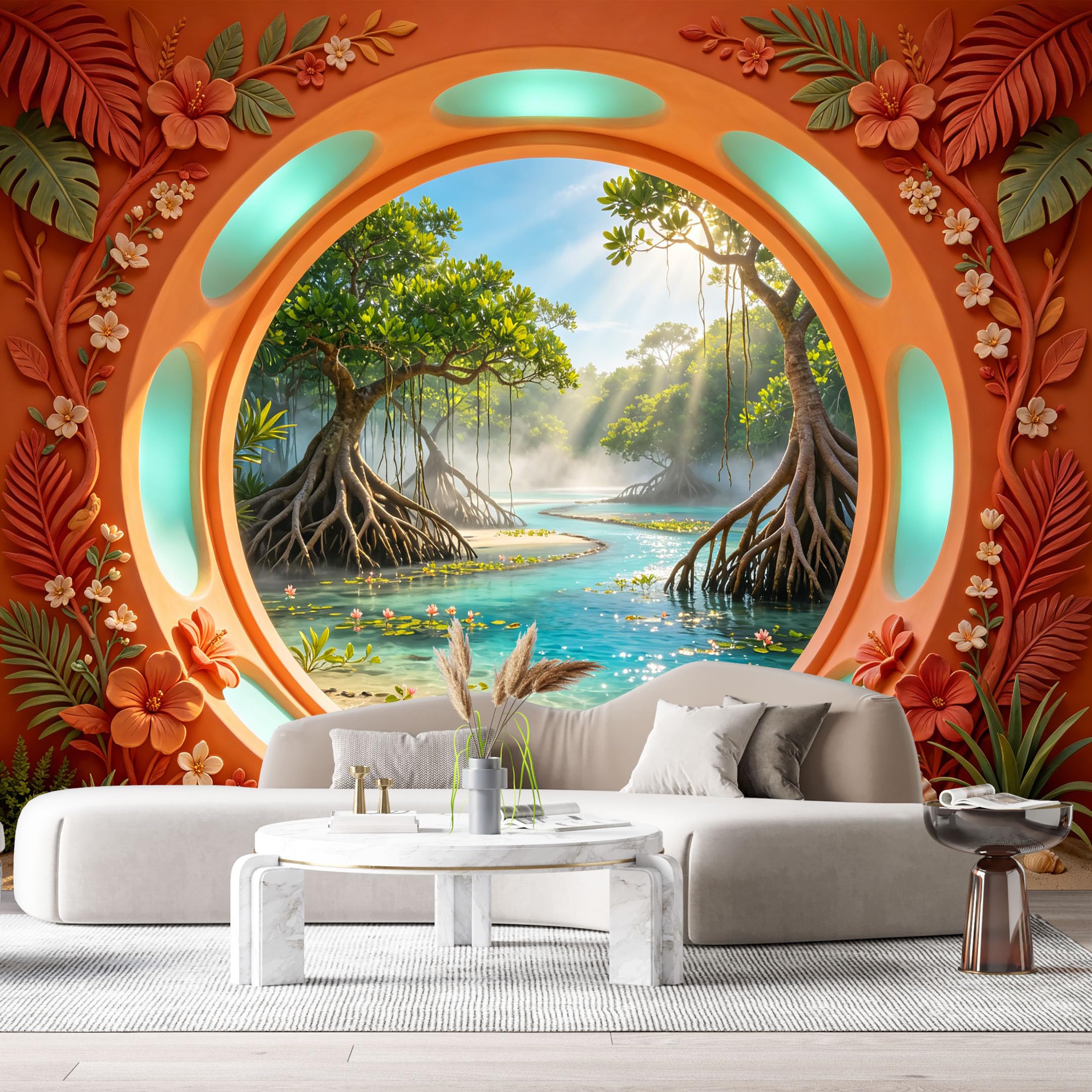 Custom Size Wall Murals Tropical Jungle Coastal Archway Mangrove Forest Ocean 3D Trompe L'Oeil SelfAdhesiveWall Fabric Removable Wallpaper Wall Decor for Living Room Bedroom Bathroom