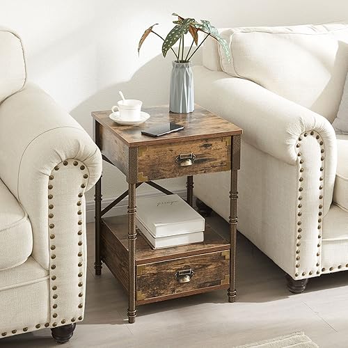 Miniatura 7 de VECELO Juego de 2 mesas auxiliares y auxiliares vintage con 2 cajones para sala de estardormitorio, diseño X, marco de metal estable, fácil montaje