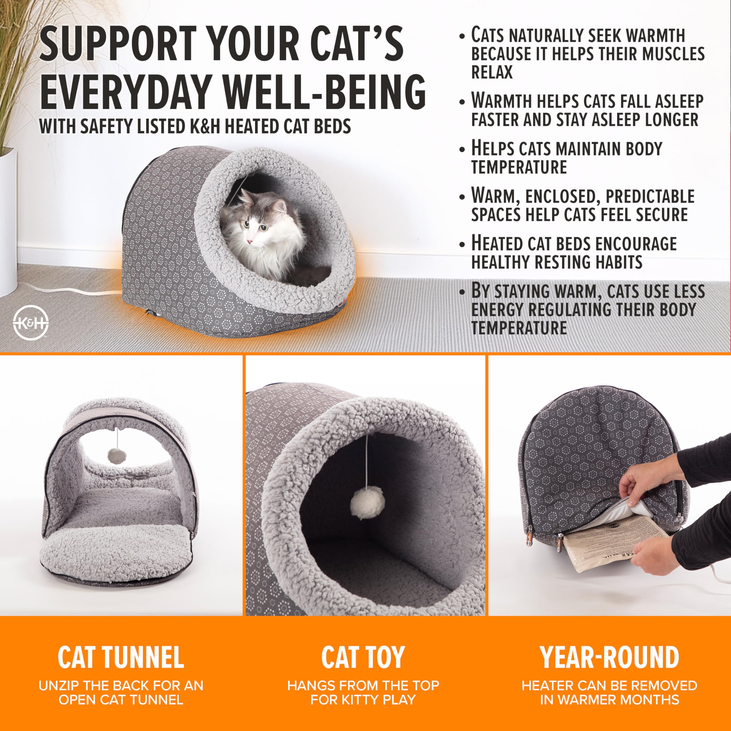 K&H Pet Products Thermo-Pet Cave Beheiztes Katzenbett, Grau/Geo-Blume, 43,2 x 38,1 x 33 cm